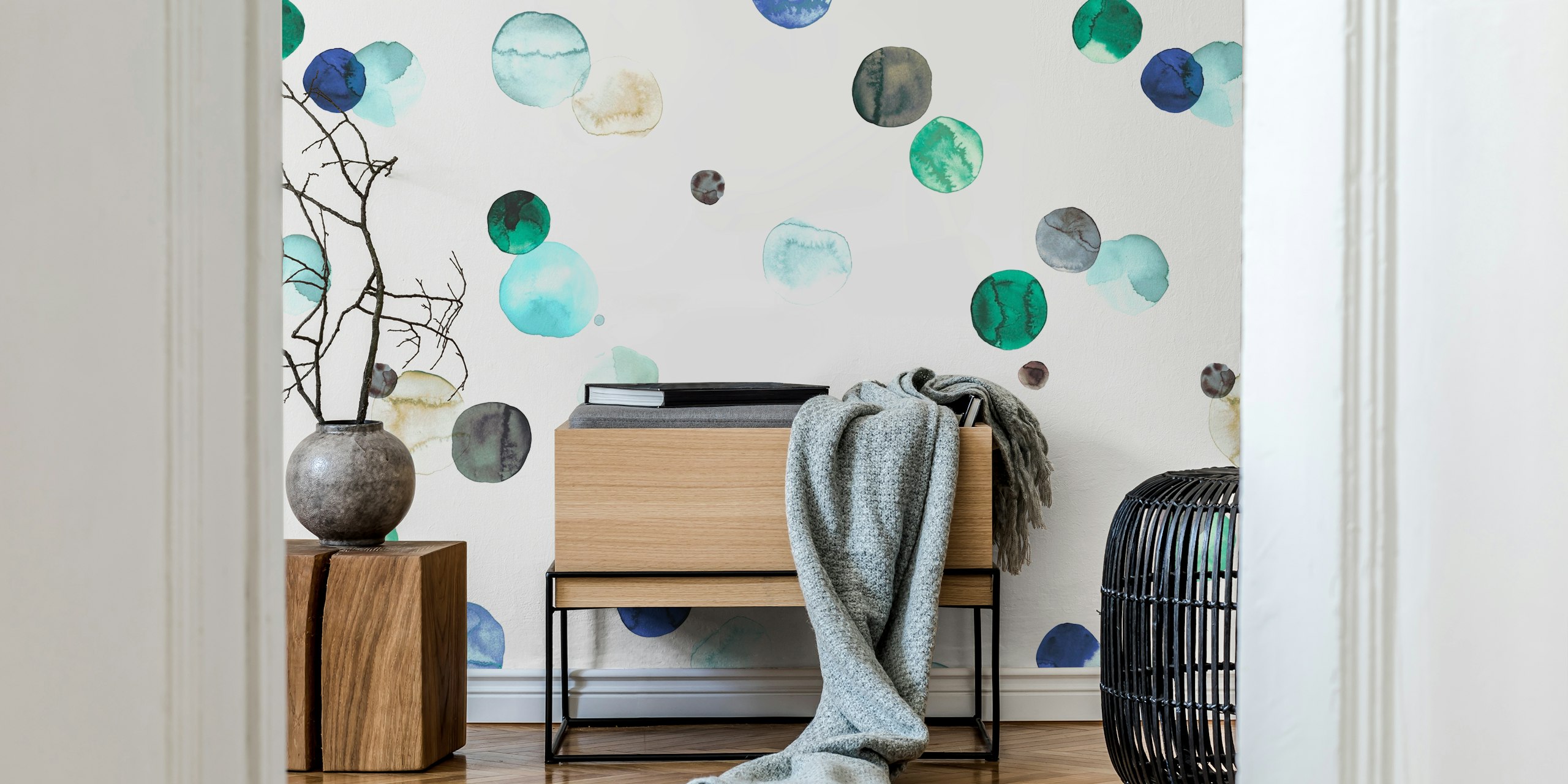 Polka Dots Watercolor Blue wallpaper in a room