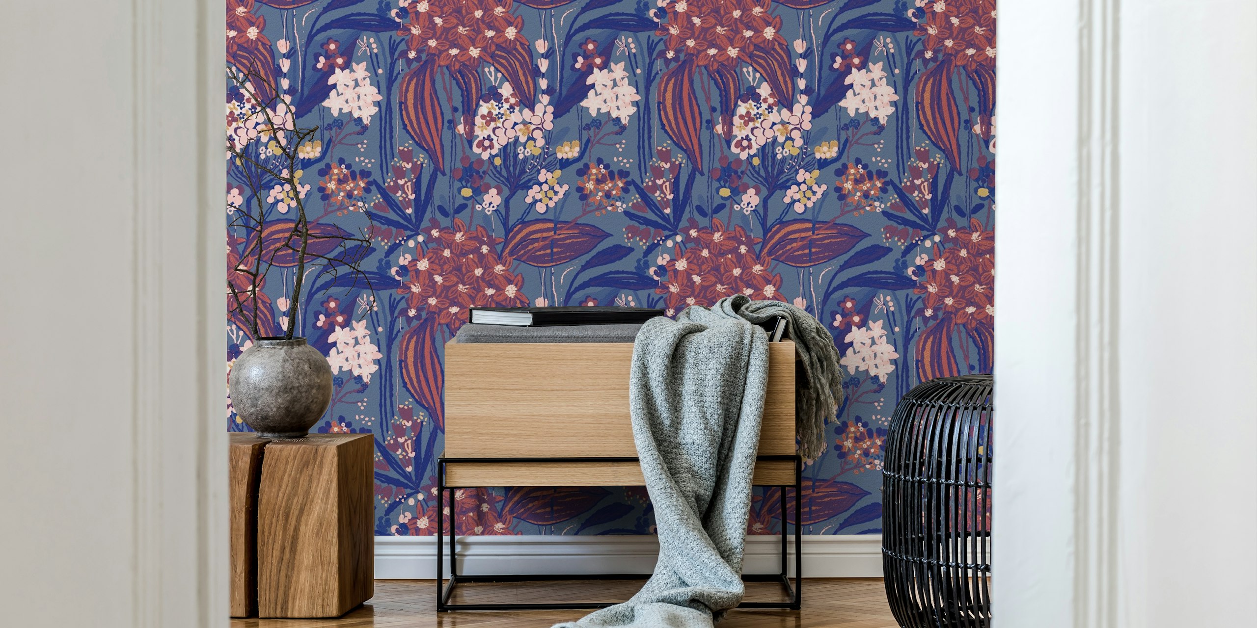 Floral patterns with pink and white flowers on a blue background wallpaper