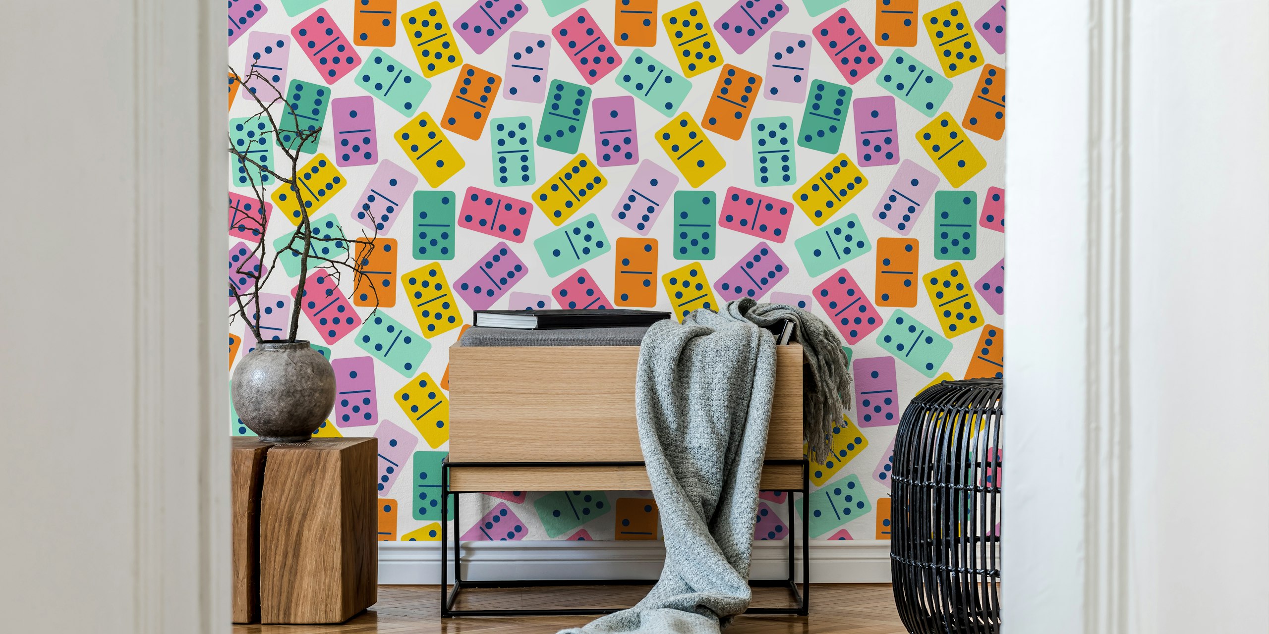 Colorful domino pattern in pink, yellow, blue, and green wallpaper