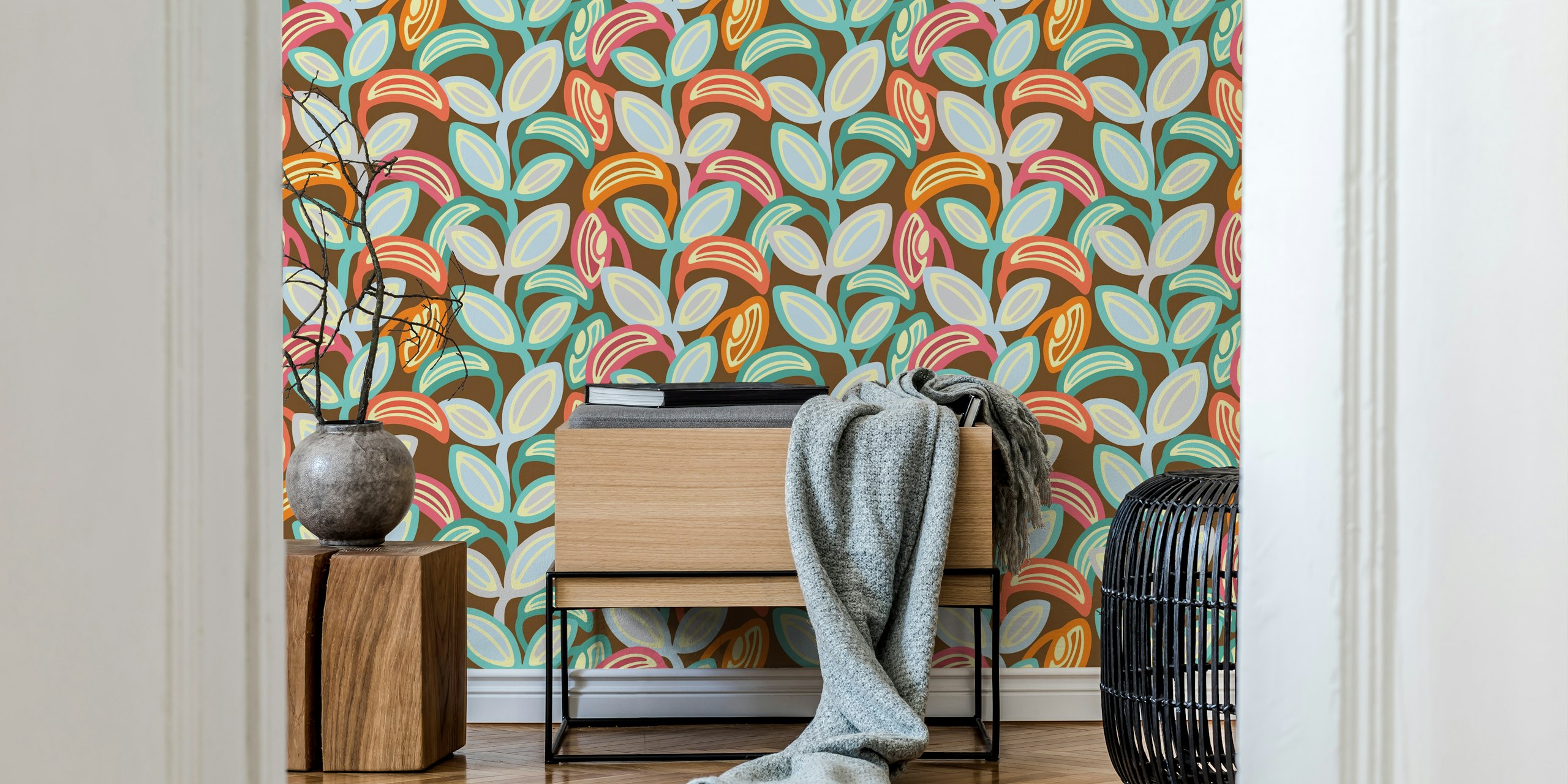 Leaf Laugh Love Groovy Retro Leaves tapeta v místnosti