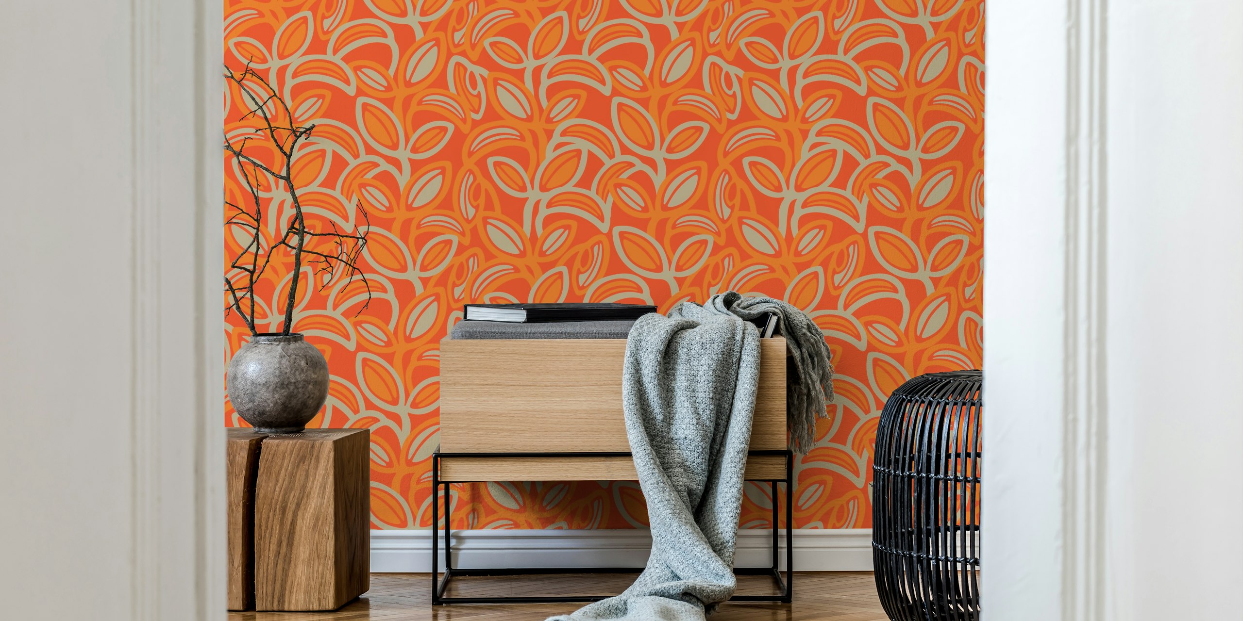 Colorful retro leaves pattern in orange and beige wallpaper