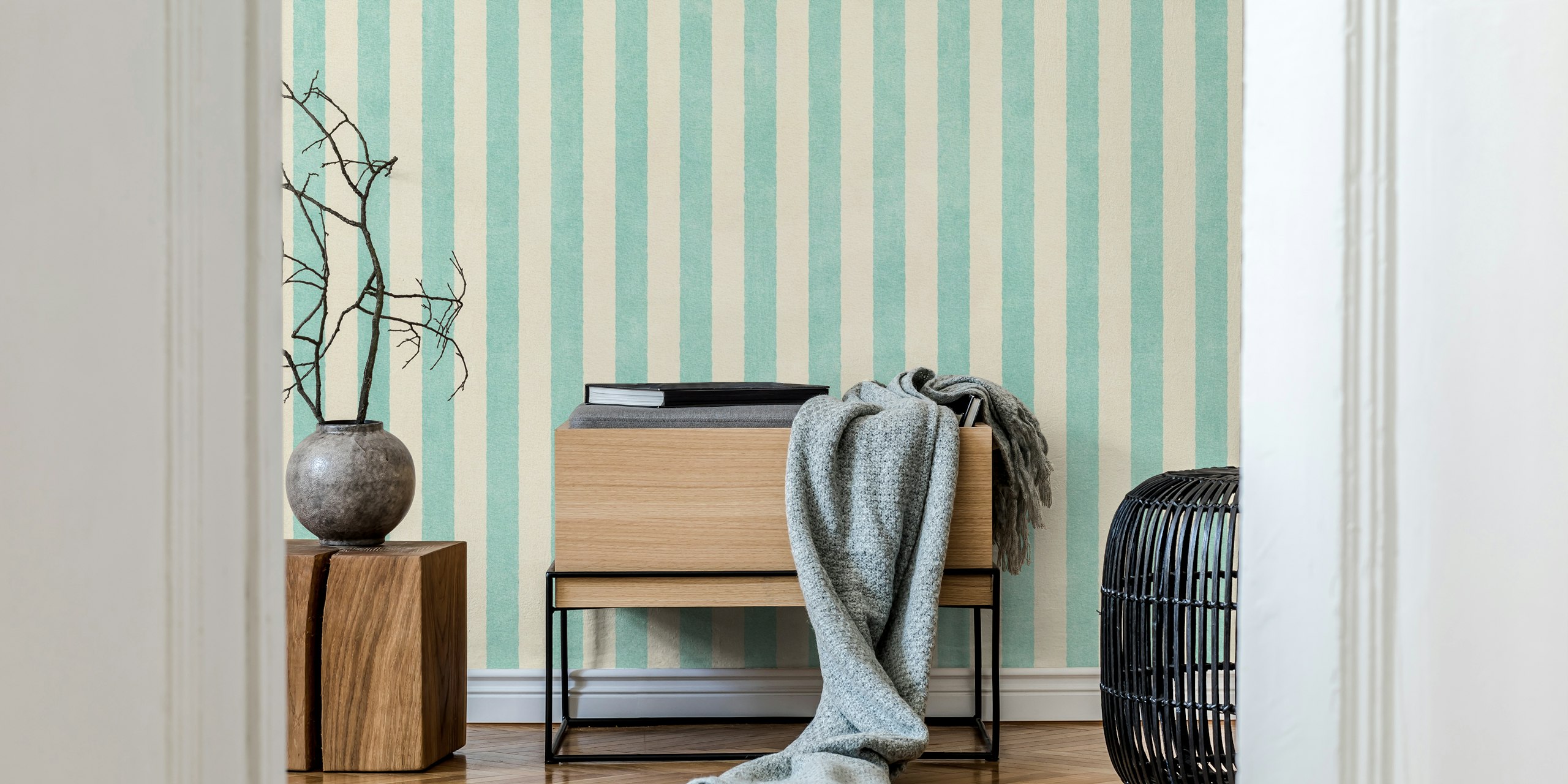 Striped sea glass blue and cream wallpaper