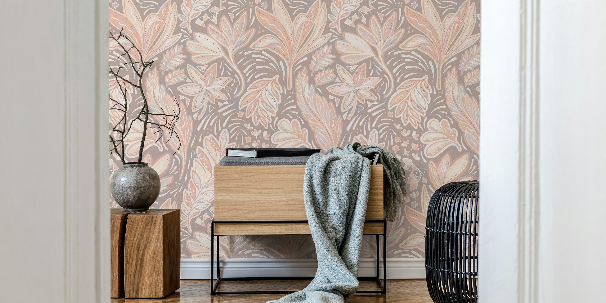 Pastel floral patterns in soft colors on beige background wallpaper