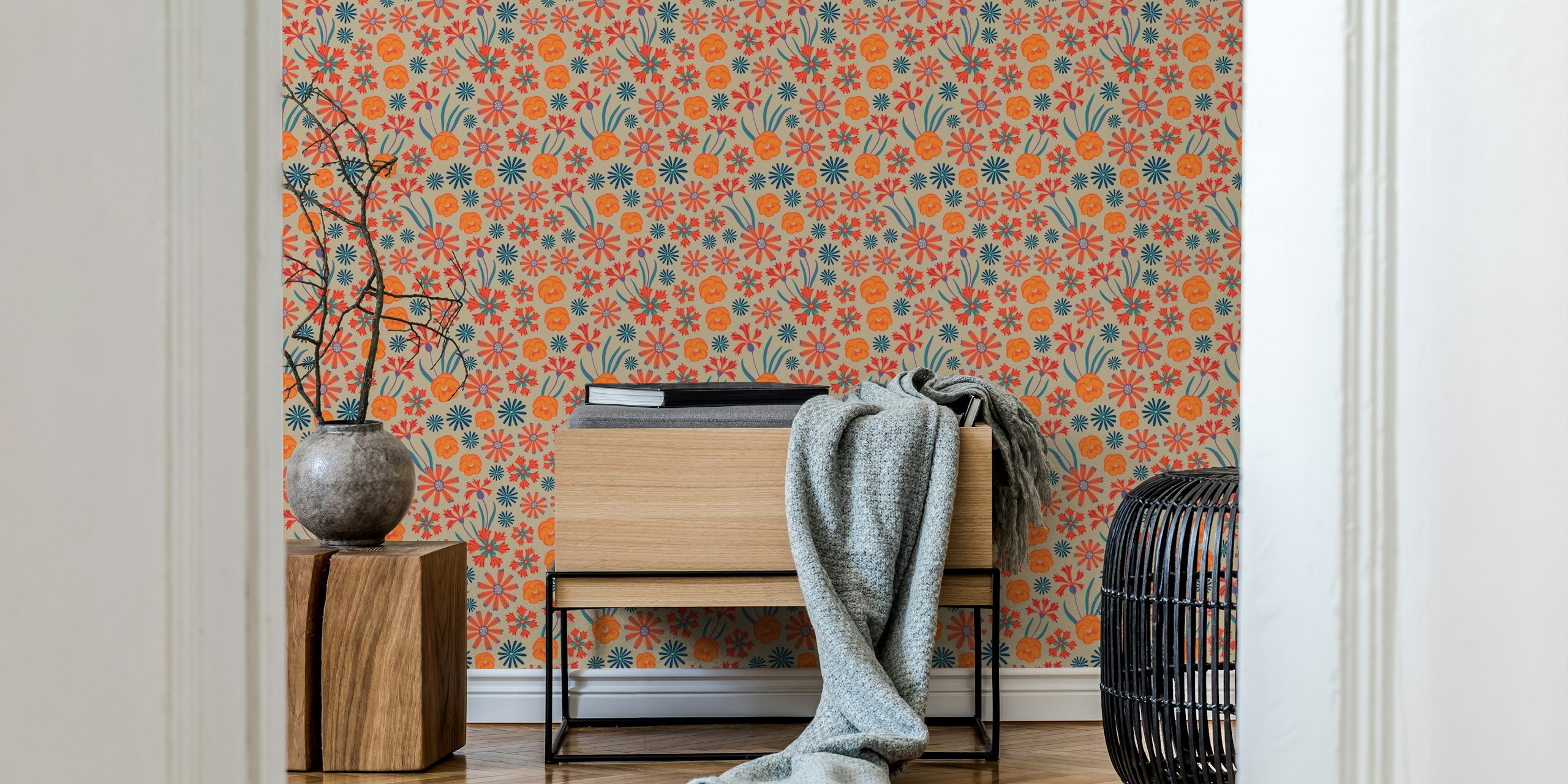 Colorful orange floral pattern wallpaper with blue accents