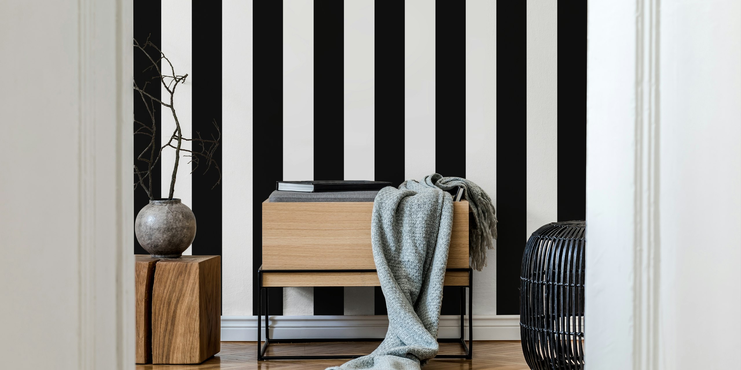 Black and White Scandi Stripes wallpaper in a nursery