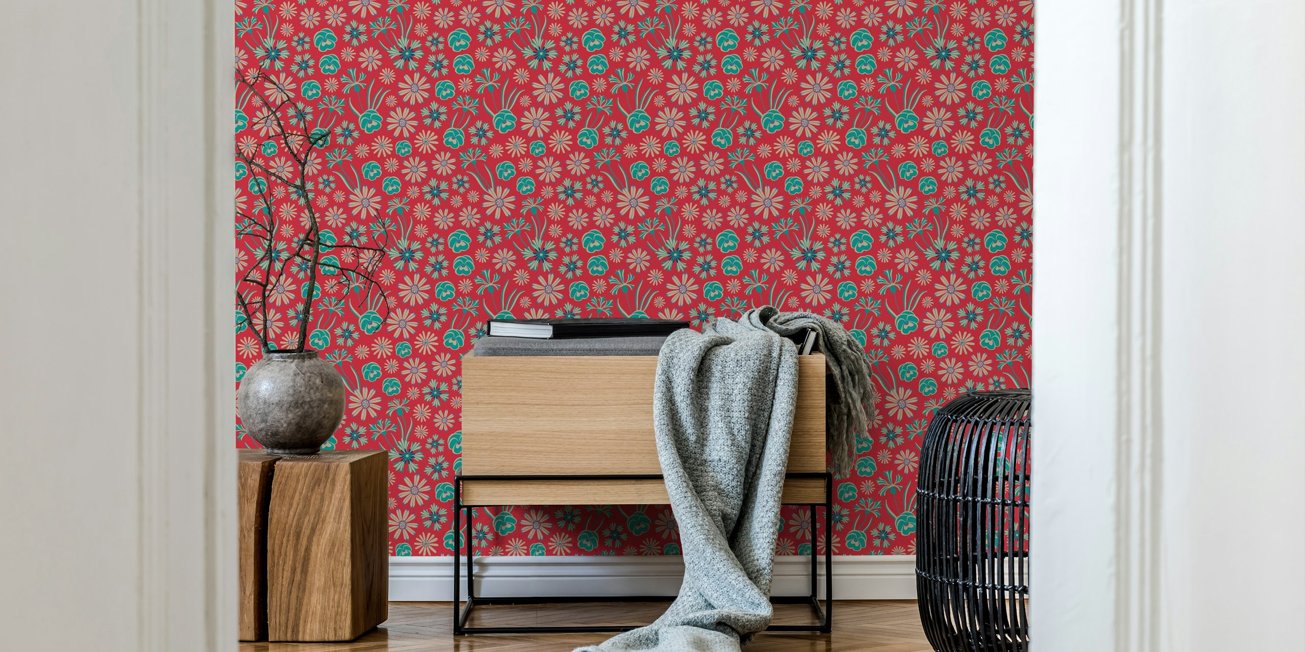 Floral bouquet pattern in turquoise and cream on deep red wallpaper