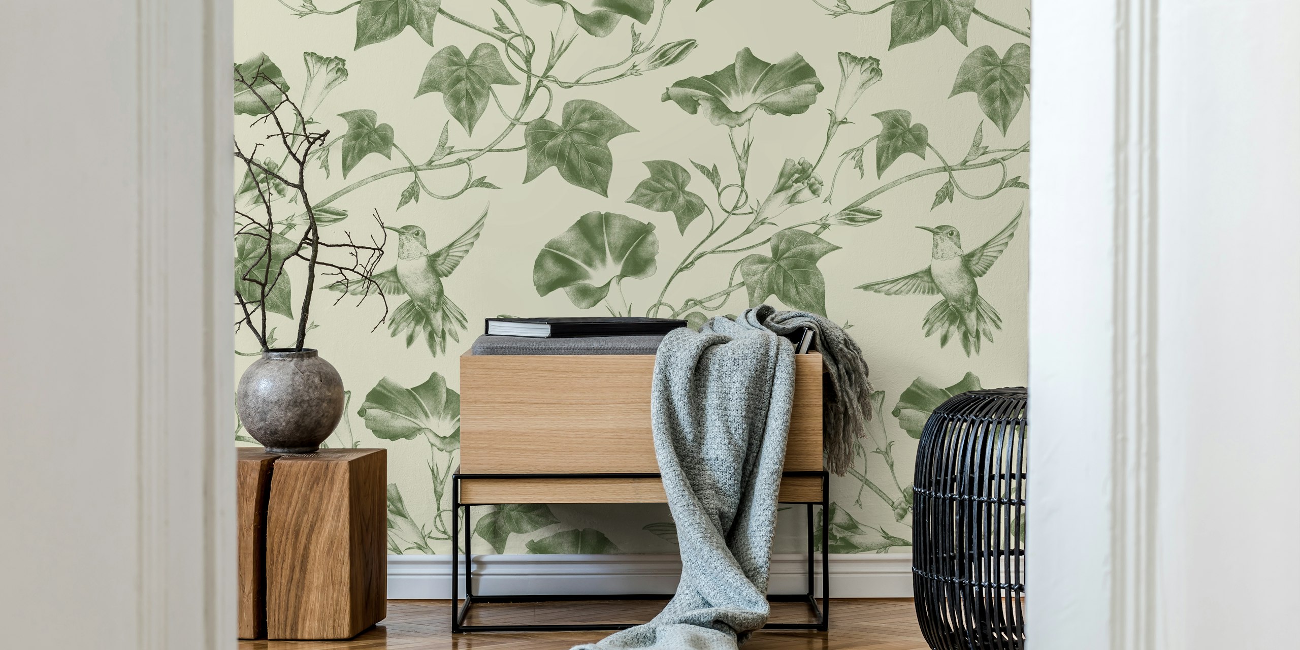Ipomoea Toile in Olive Green wallpaper in a room