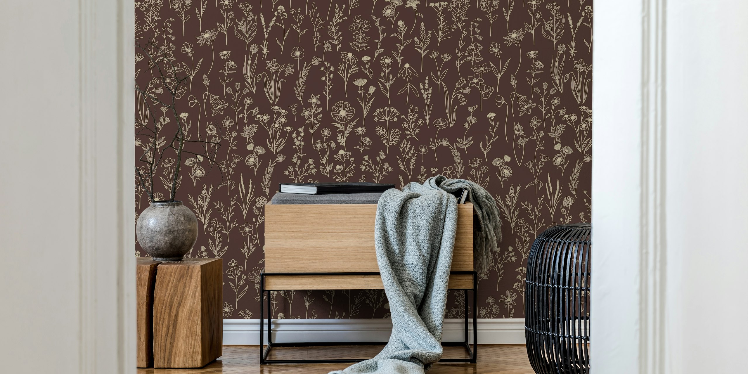 Wildflowers drawing pattern wallpaper in a room