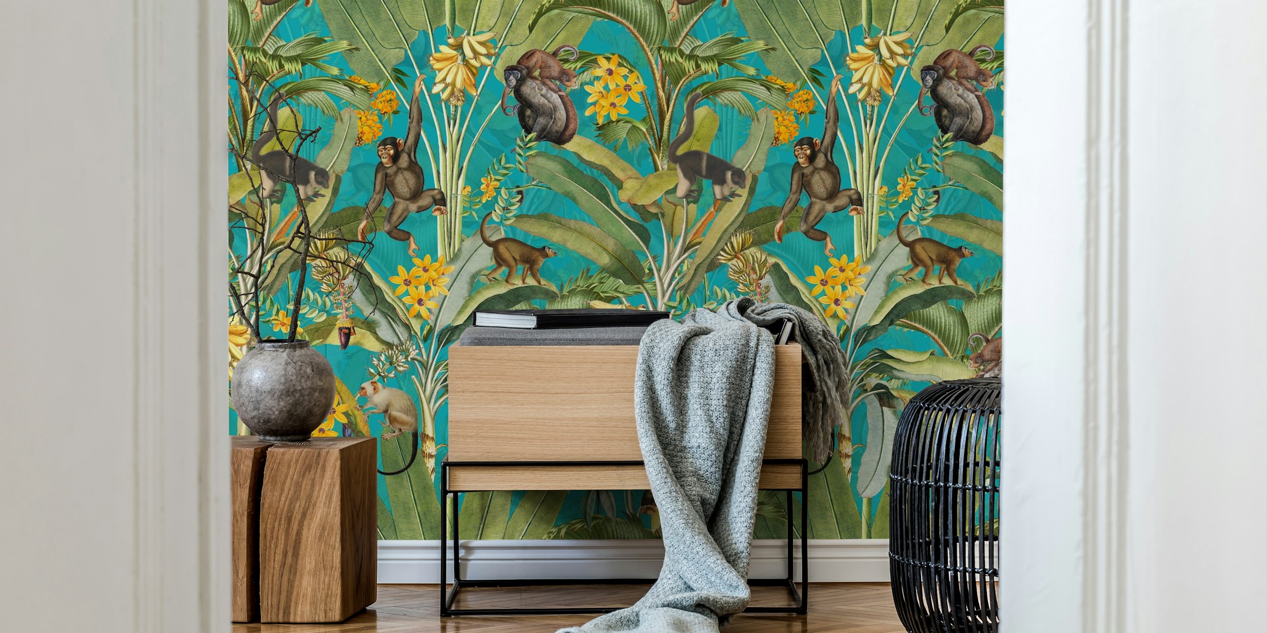 Monkeys in Turquoise Vintage Jungle wzór tapety