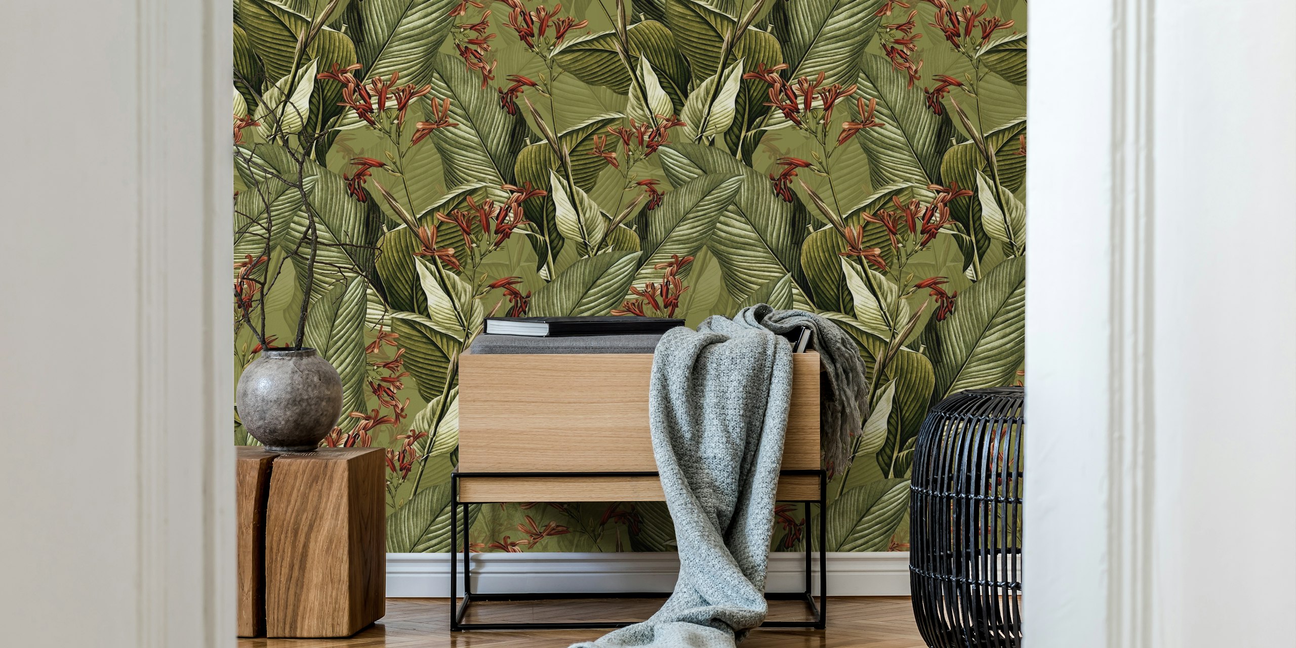 Tropical banana leaves and orange flowers on green background wallpaper