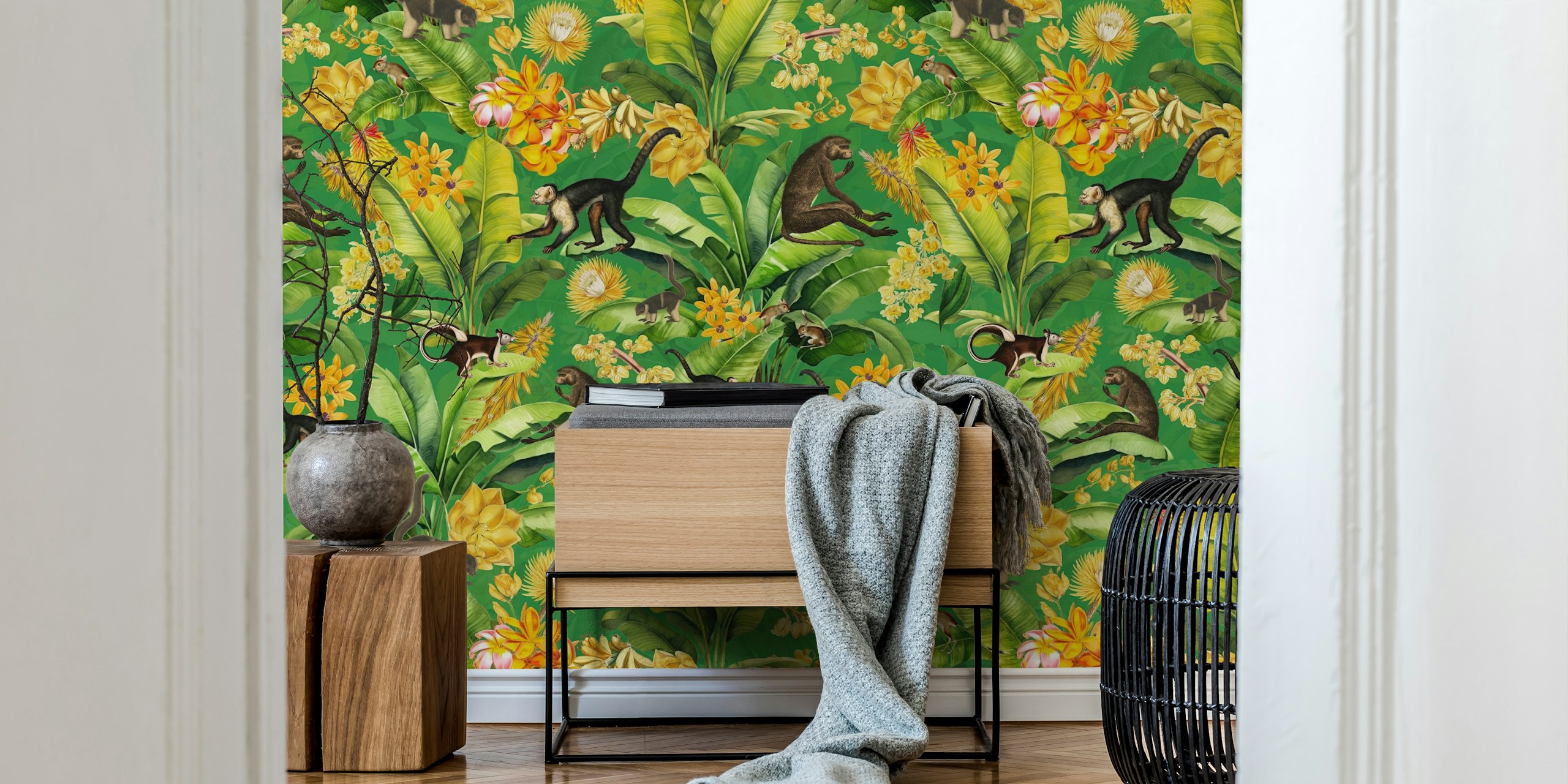 Vintage Monkey Tropical Rainforest Green Tapete