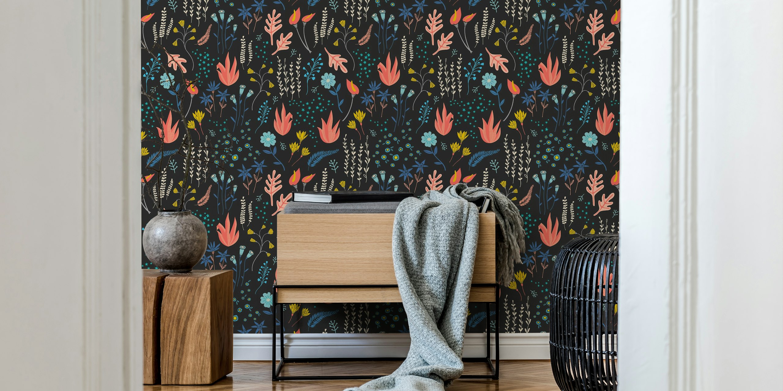 Moody florals wallpaper in a room setting