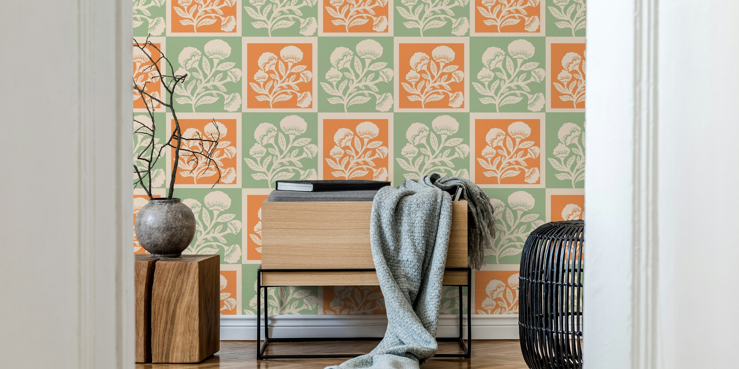 Floral squares wallpaper in een kamersetting