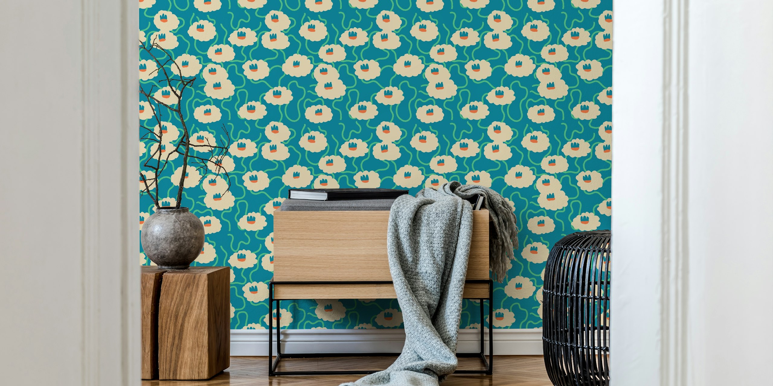 Groovy Garden green-blue wallpaper in a room