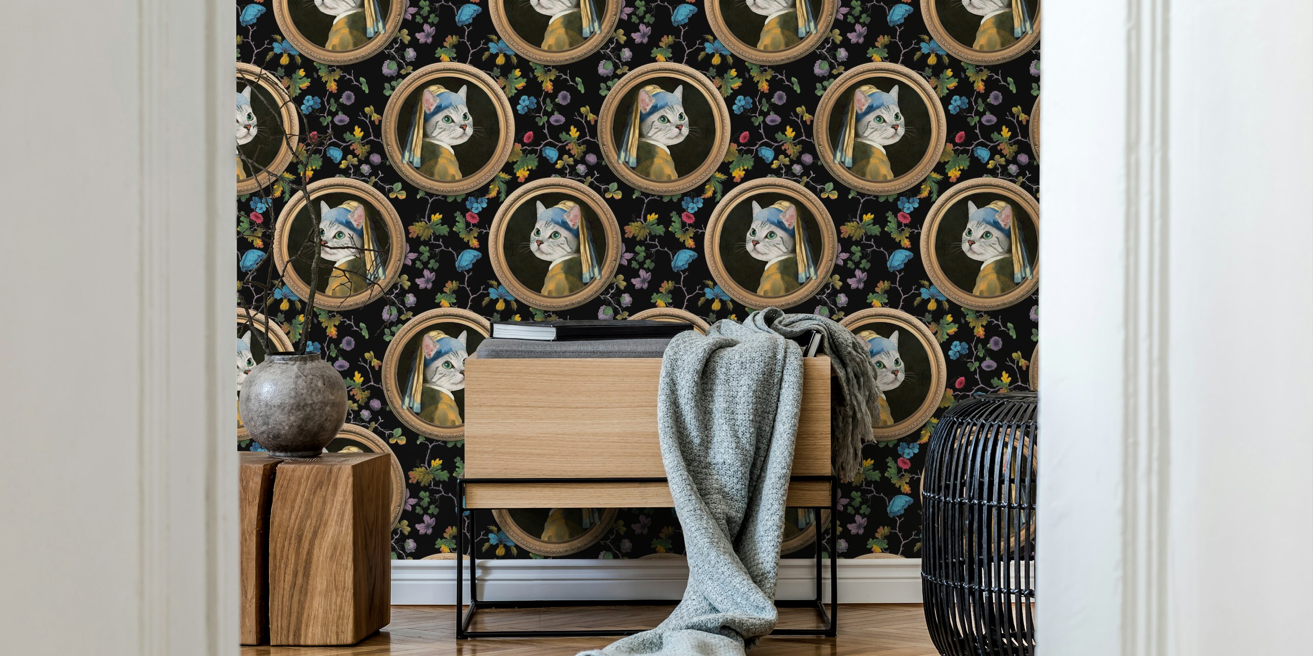 Cat with pearl earring wallpaper in a room