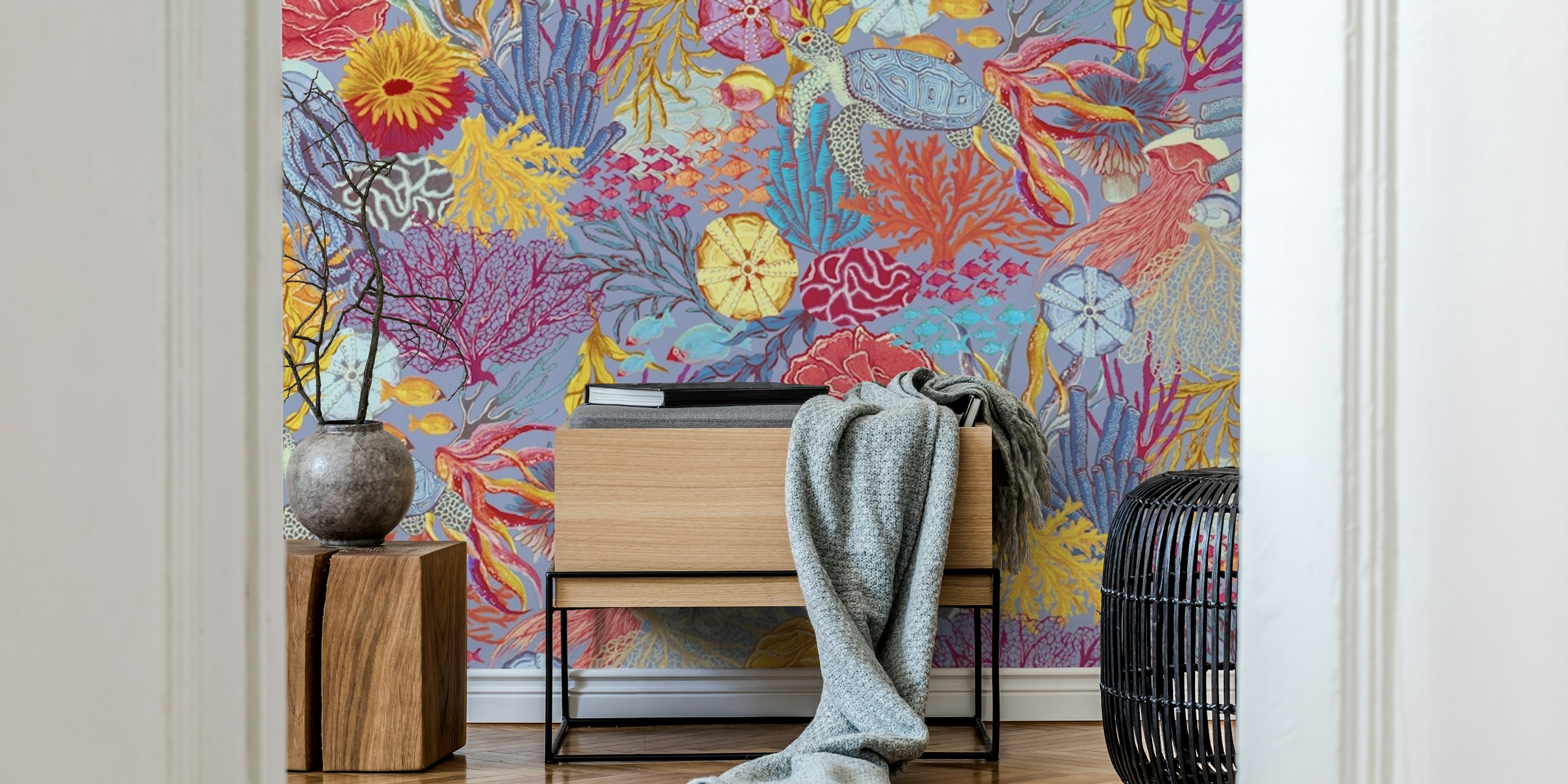 Colorful ocean-themed wallpaper design in a room