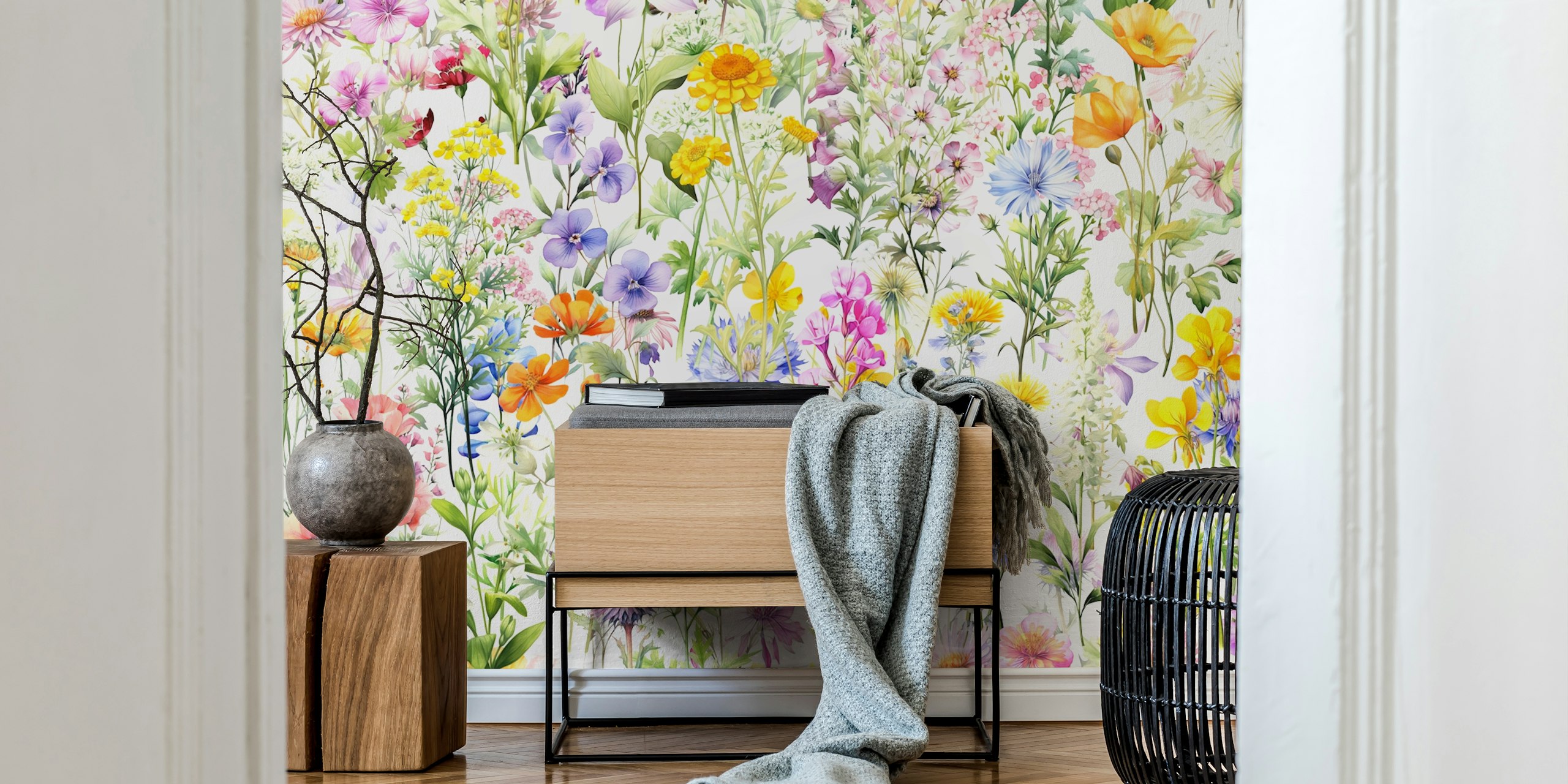 Vibrant wildflower wallpaper in a room