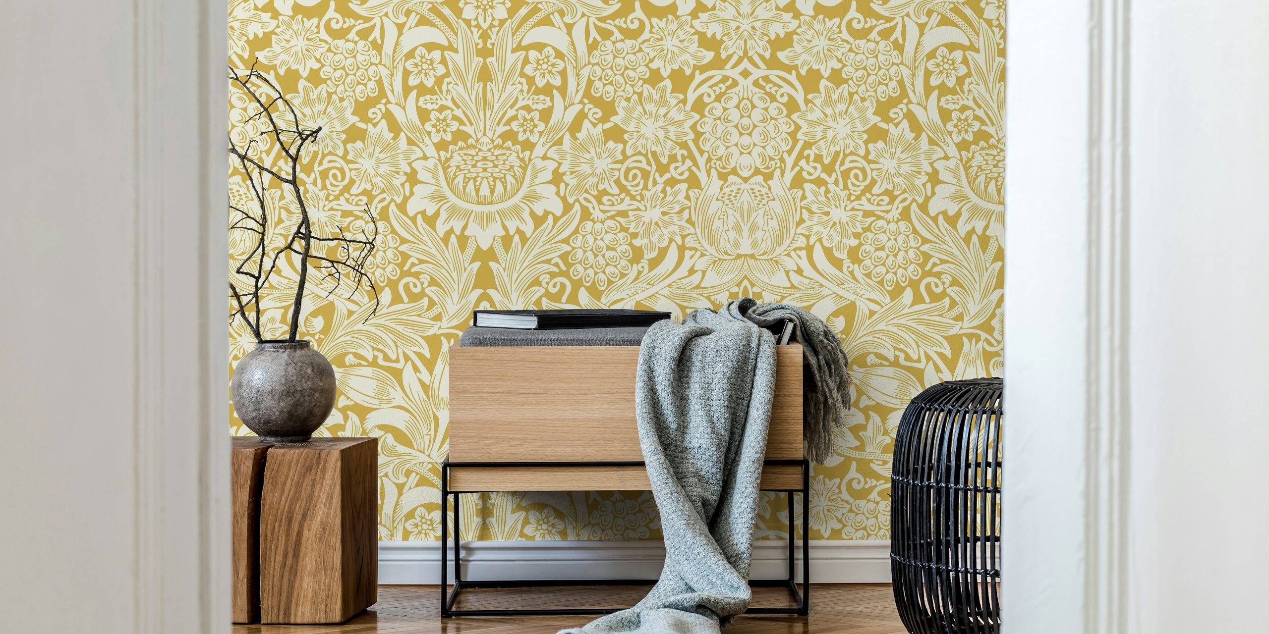 Vintage floral pattern in gold and cream colors wallpaper