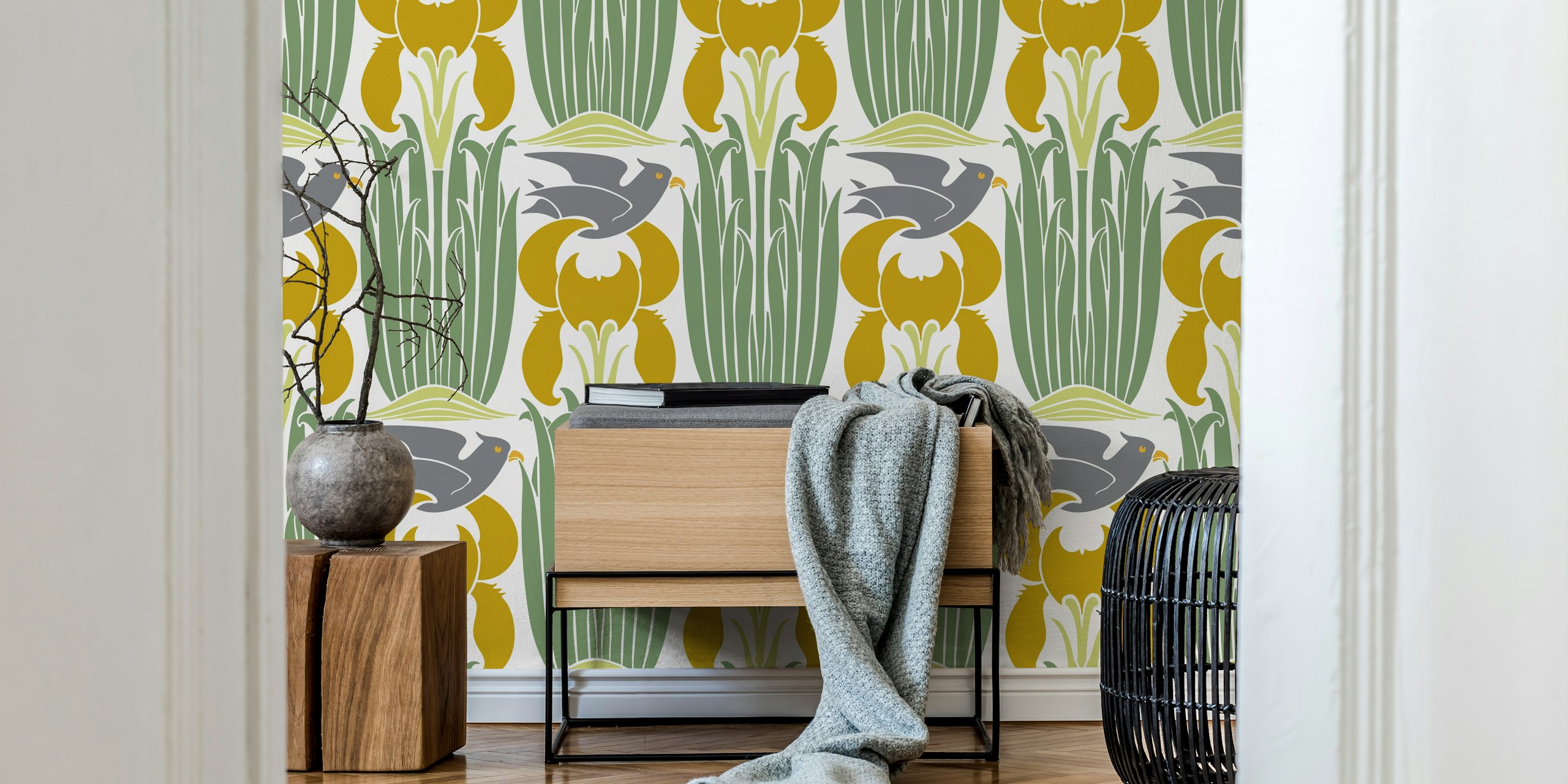 Vintage floral wallpaper with birds and irises in green and yellow colors