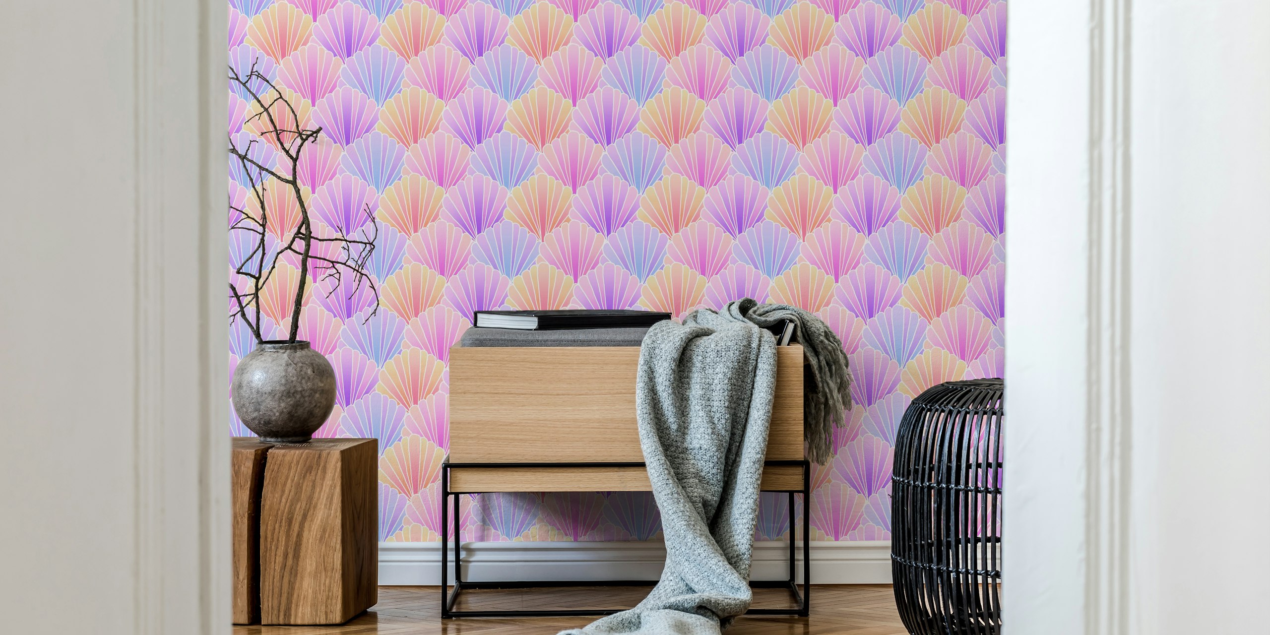 Mermaid rainbow scallop wallpaper in room