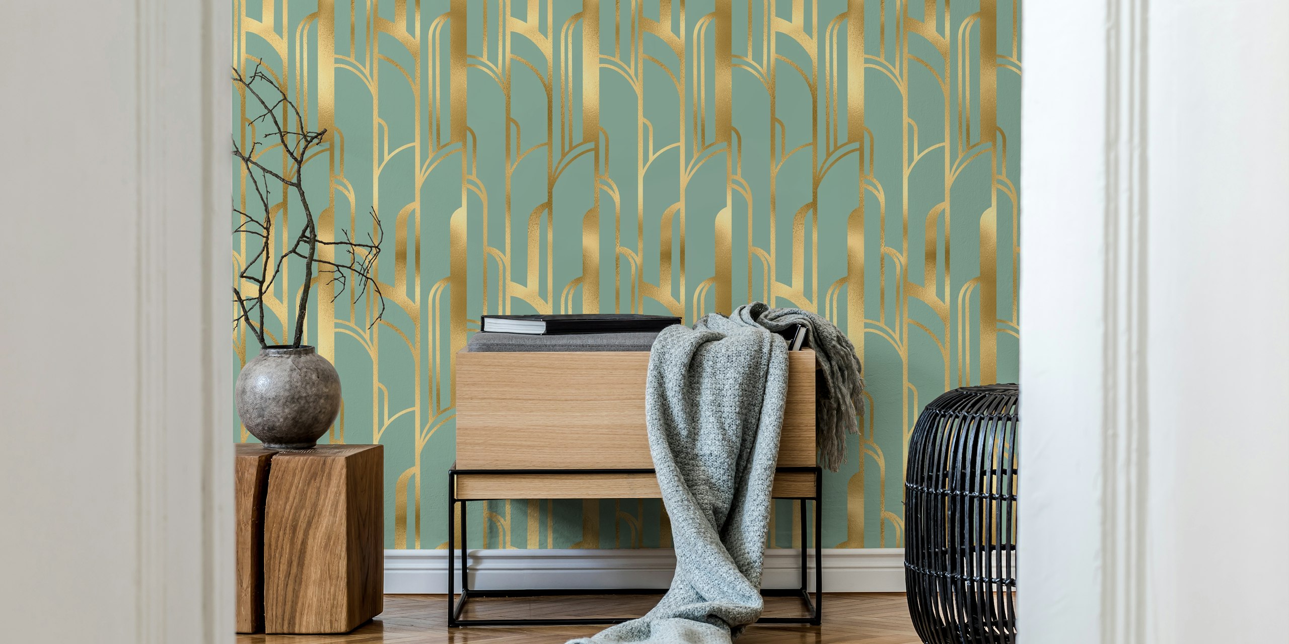 Art Deco wallpaper in gold and sage