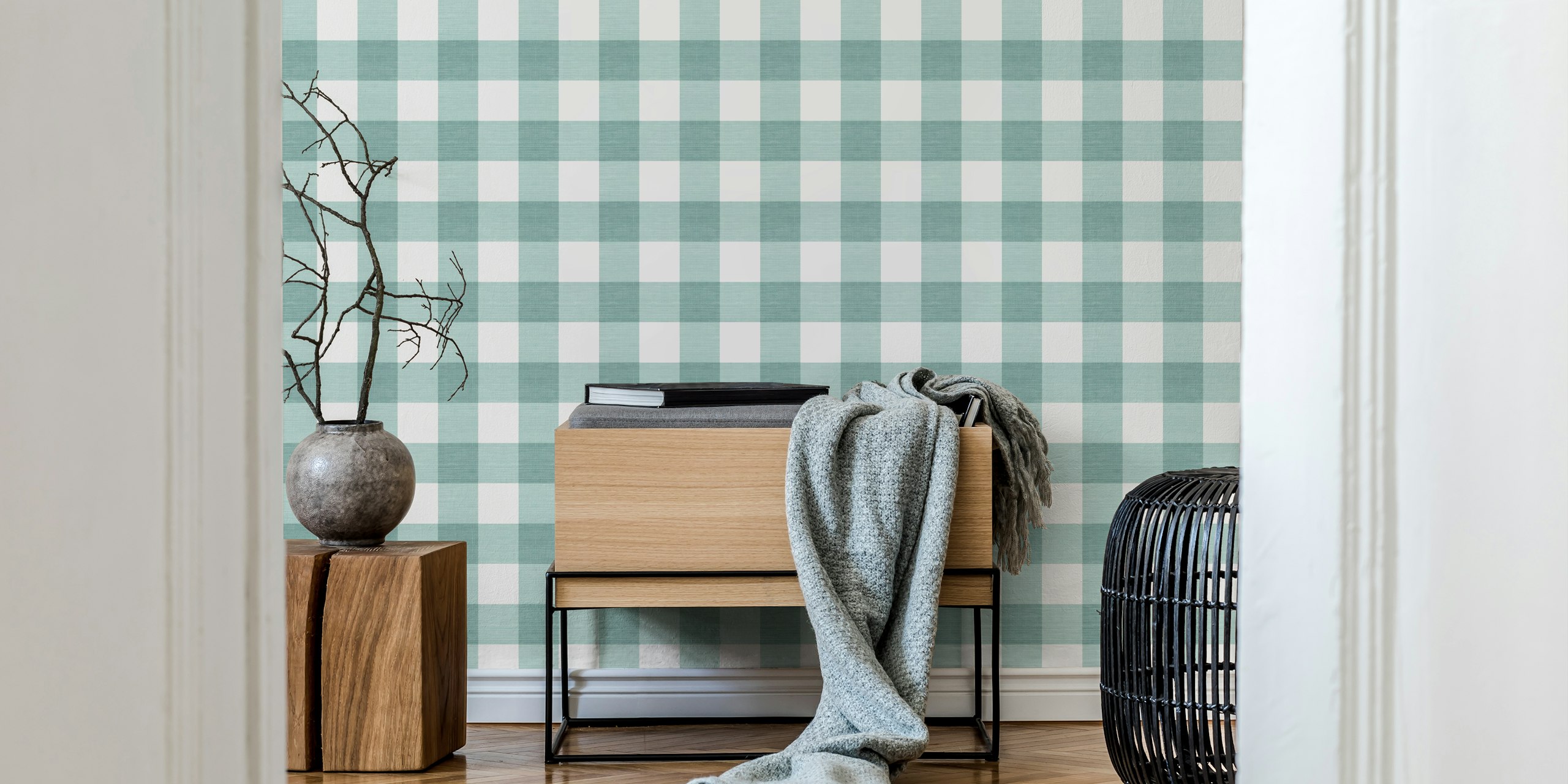Sage Green Modern Farmhouse Linen Gingham em um quarto