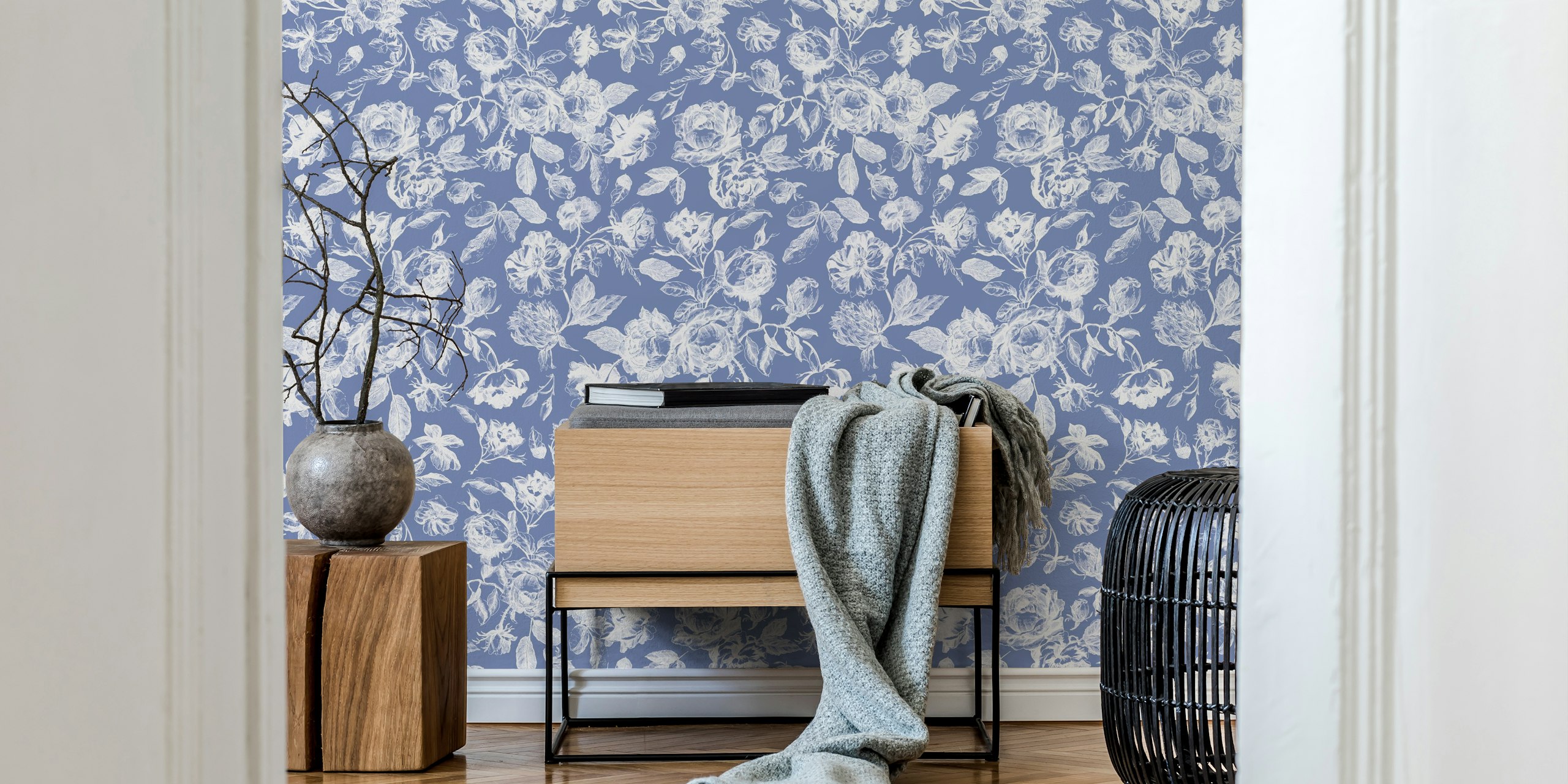 White roses floral pattern on blue background wallpaper