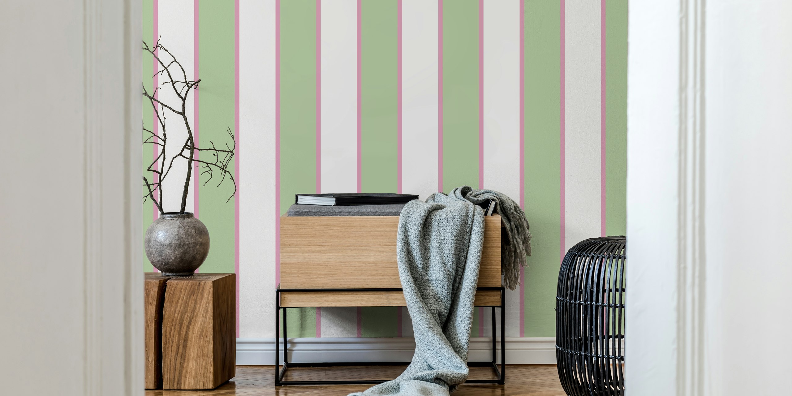 Striped wallpaper in pink and sage green, modern design