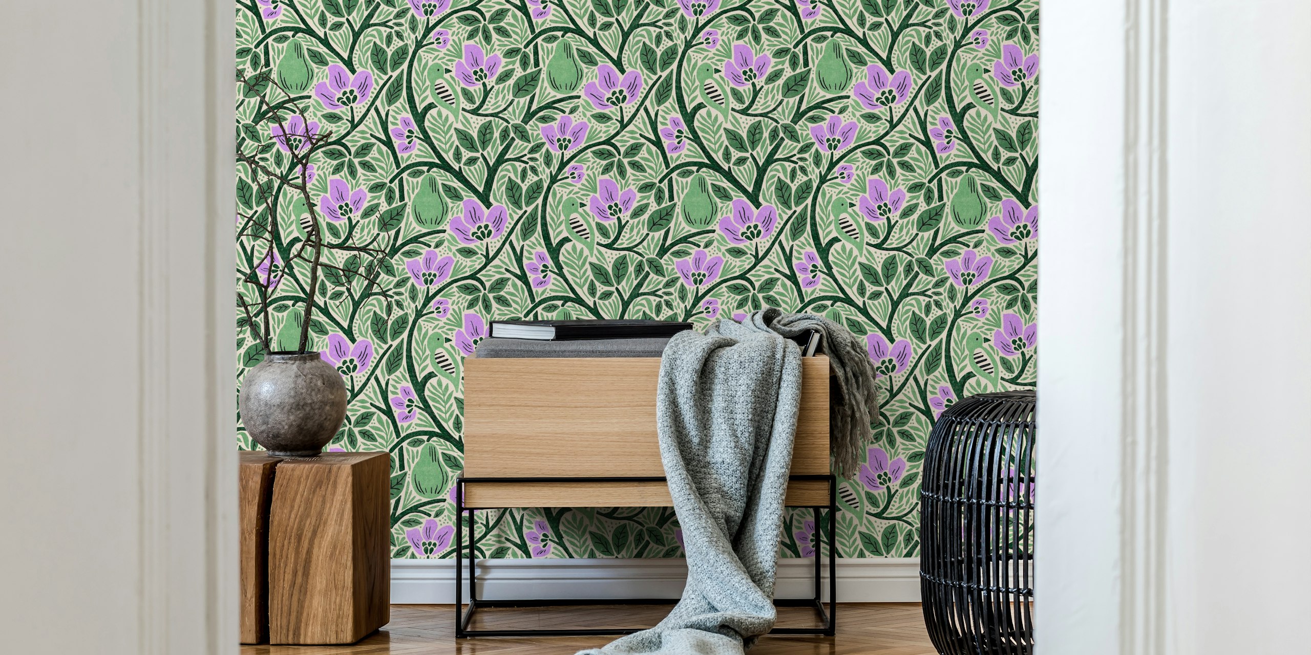 Floral pattern with green leaves, purple flowers, and birds wallpaper