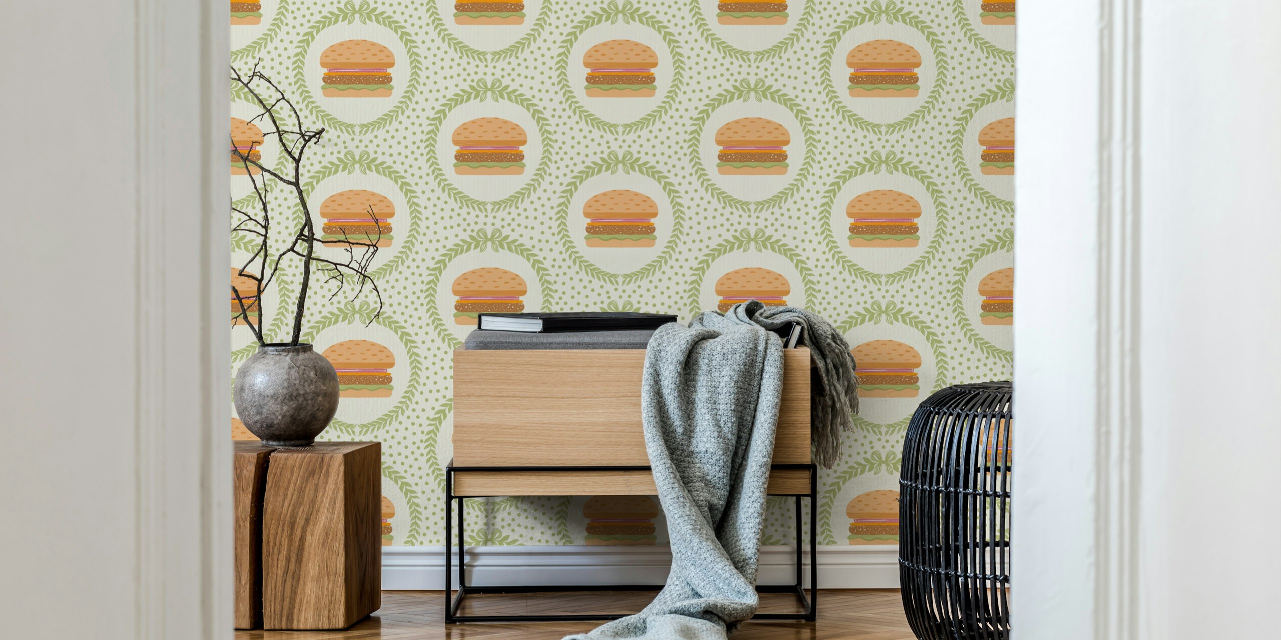Motif hamburger illustré en beige et vert sur fond à pois, style vintage wallpaper