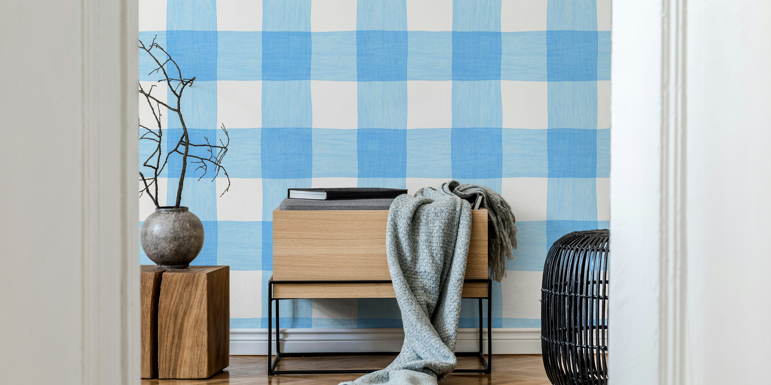 Sky blue and white gingham checkerboard wallpaper