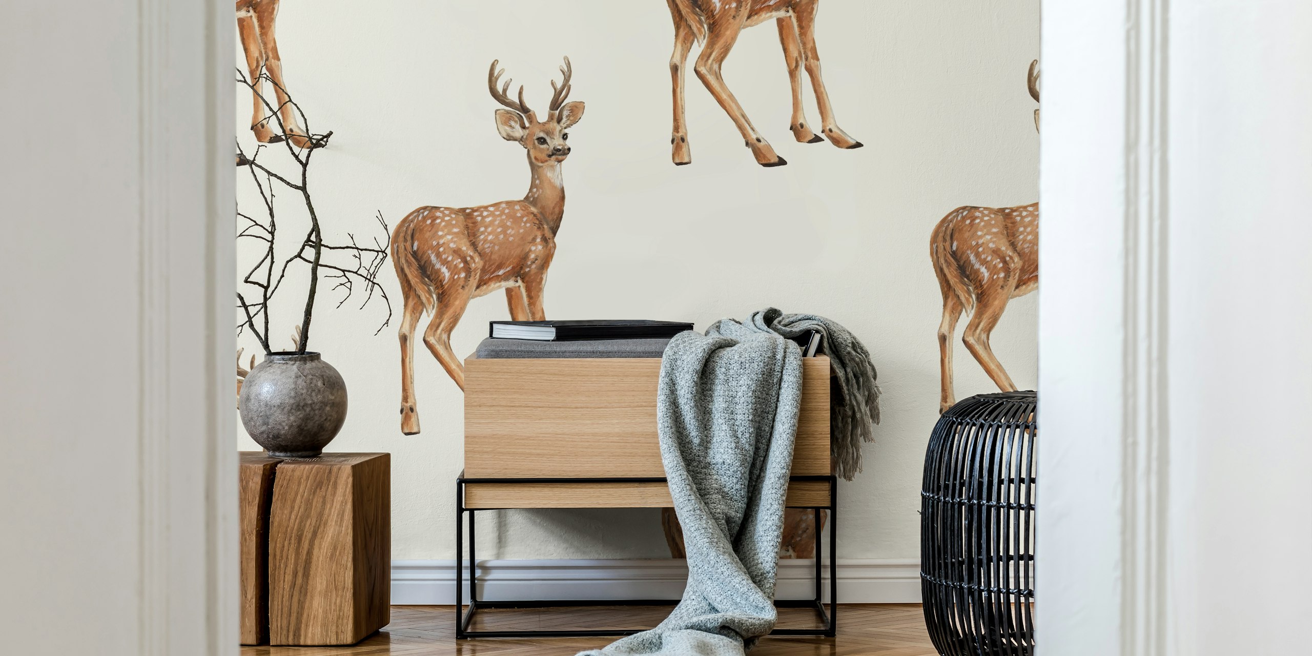 Playful deer on beige background wallpaper