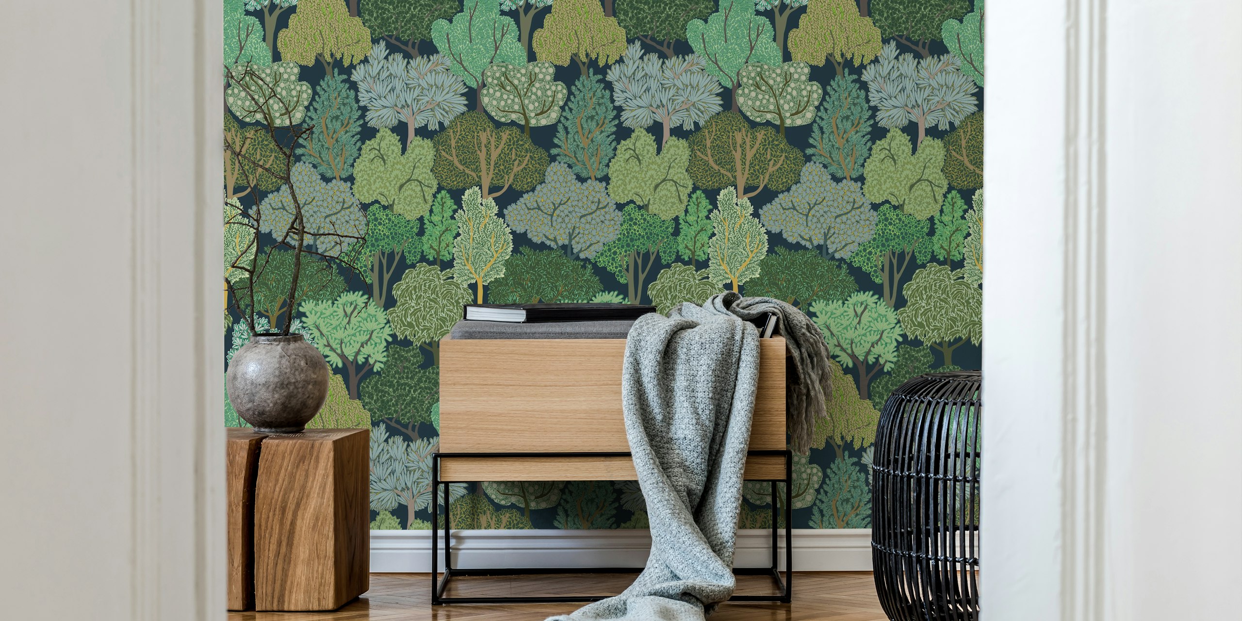 Moody Woodland wallpaper in a room