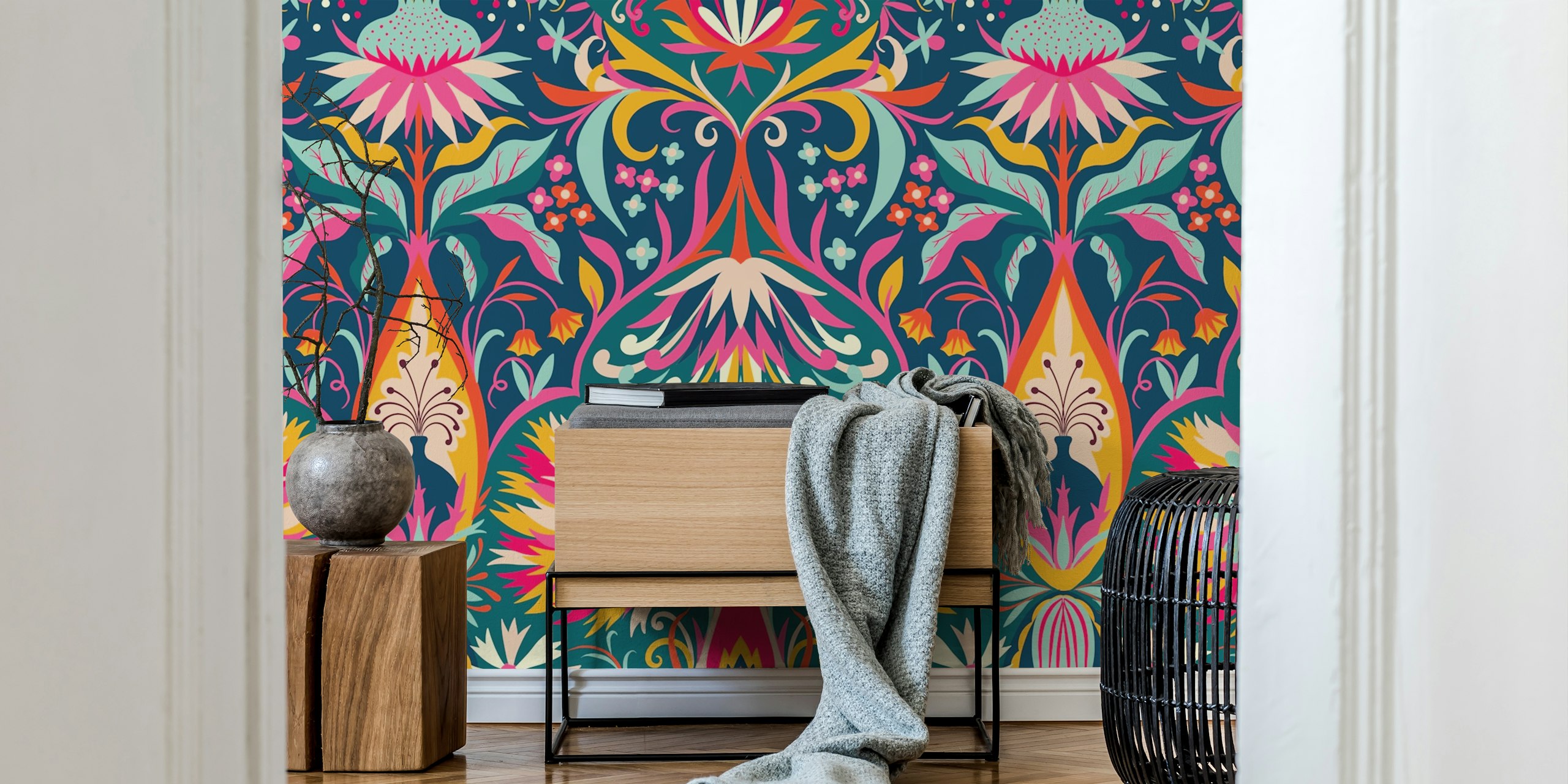 Colorful floral damask wallpaper featuring vibrant patterns in blue, pink, and yellow