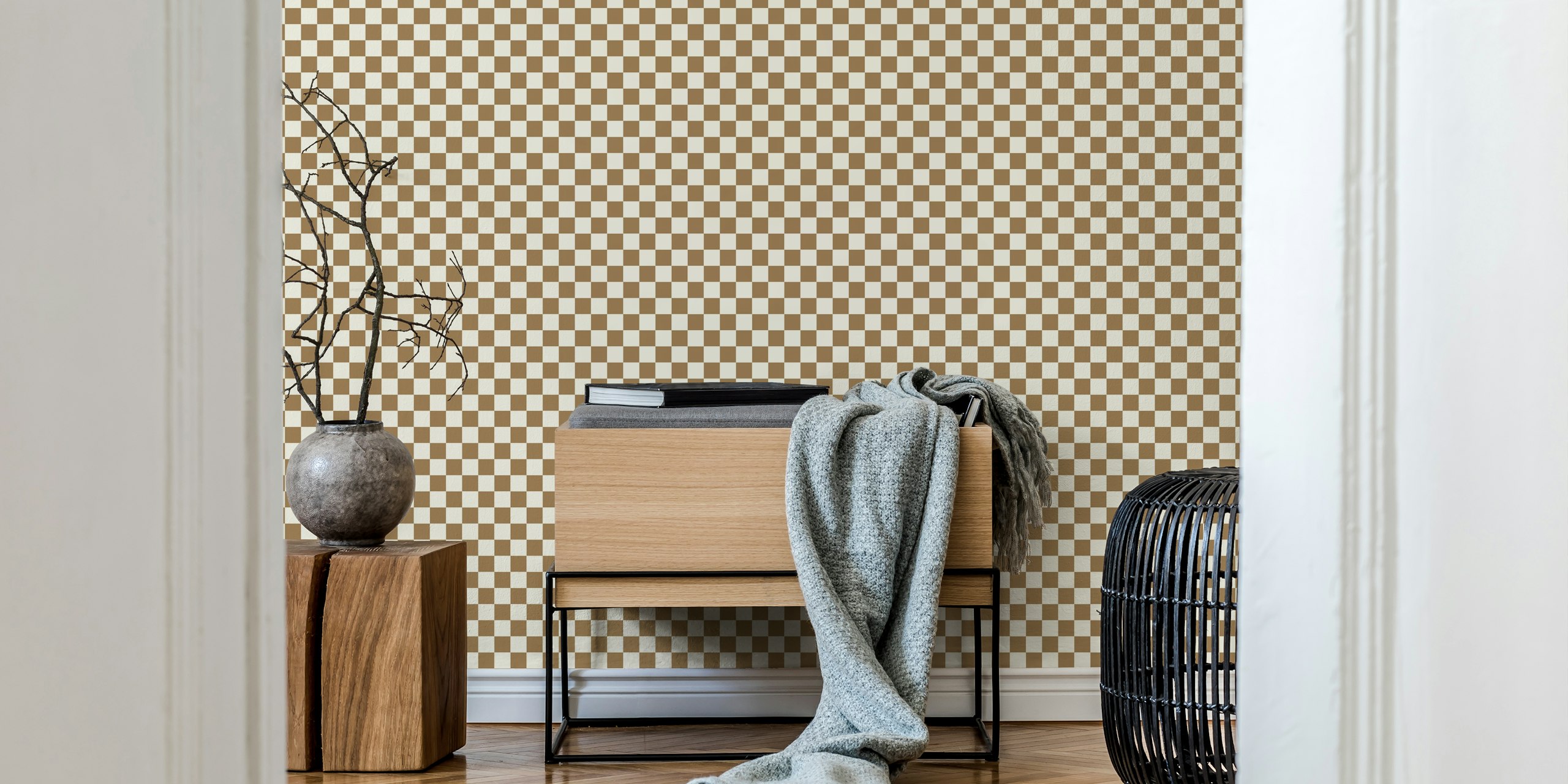 Brown and beige check plaid pattern wallpaper