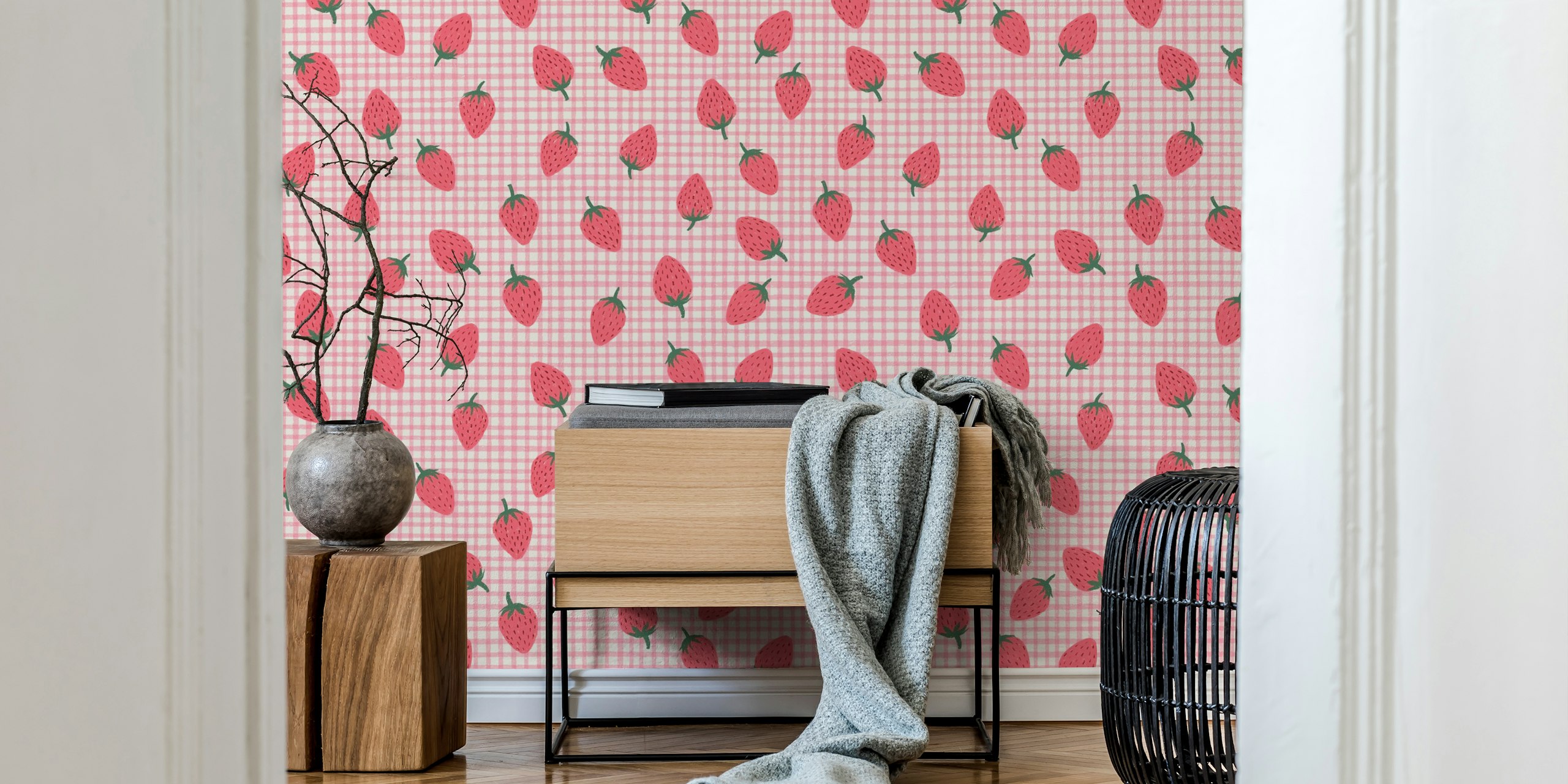 Pink strawberry plaid wallpaper design