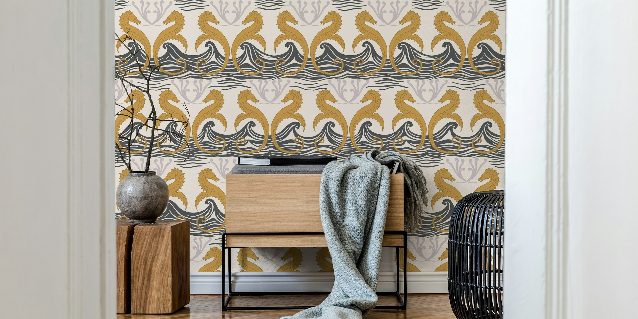 Vintage seahorse design with gold seahorses on black waves wallpaper