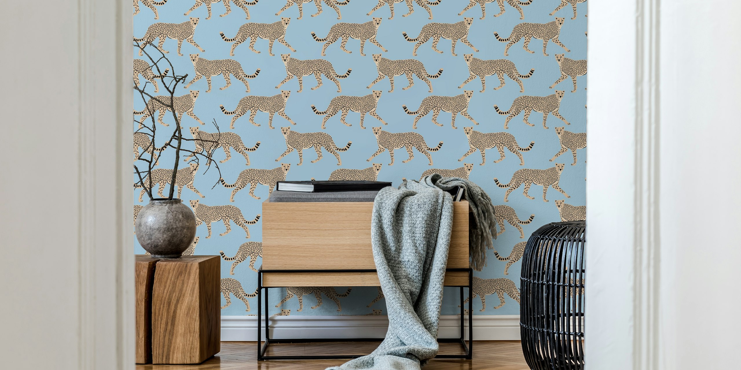 Walking cheetah wallpaper in a room