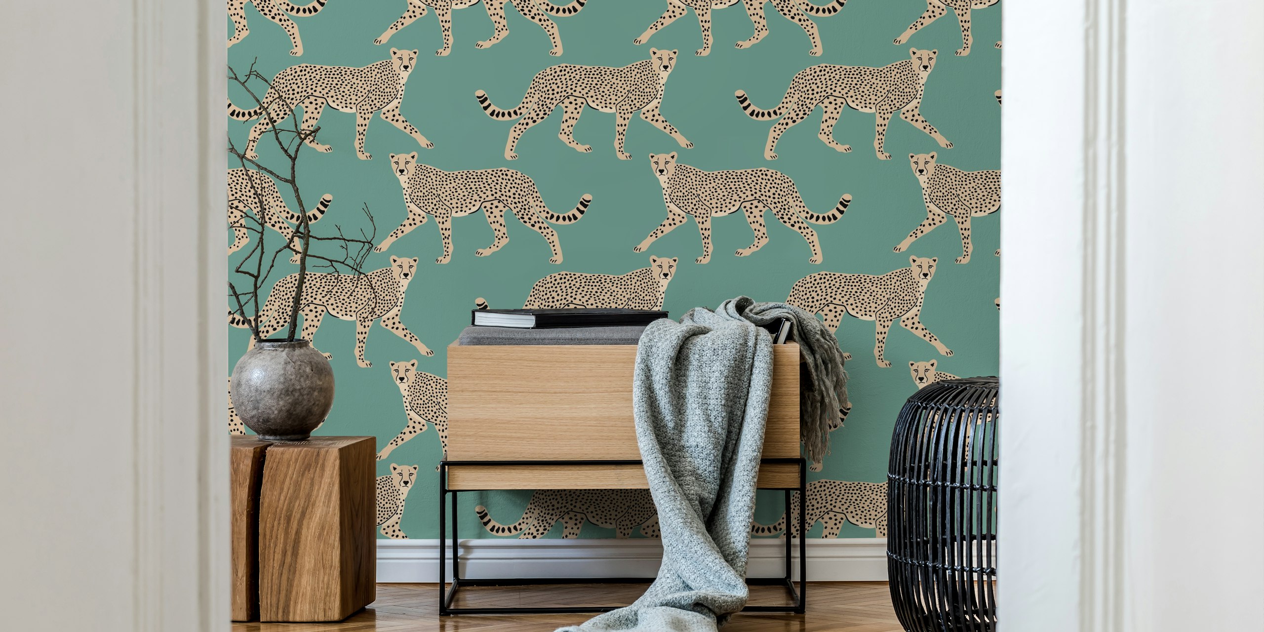 Diseño de papel tapiz de Cheetah sobre fondo cian desaturado