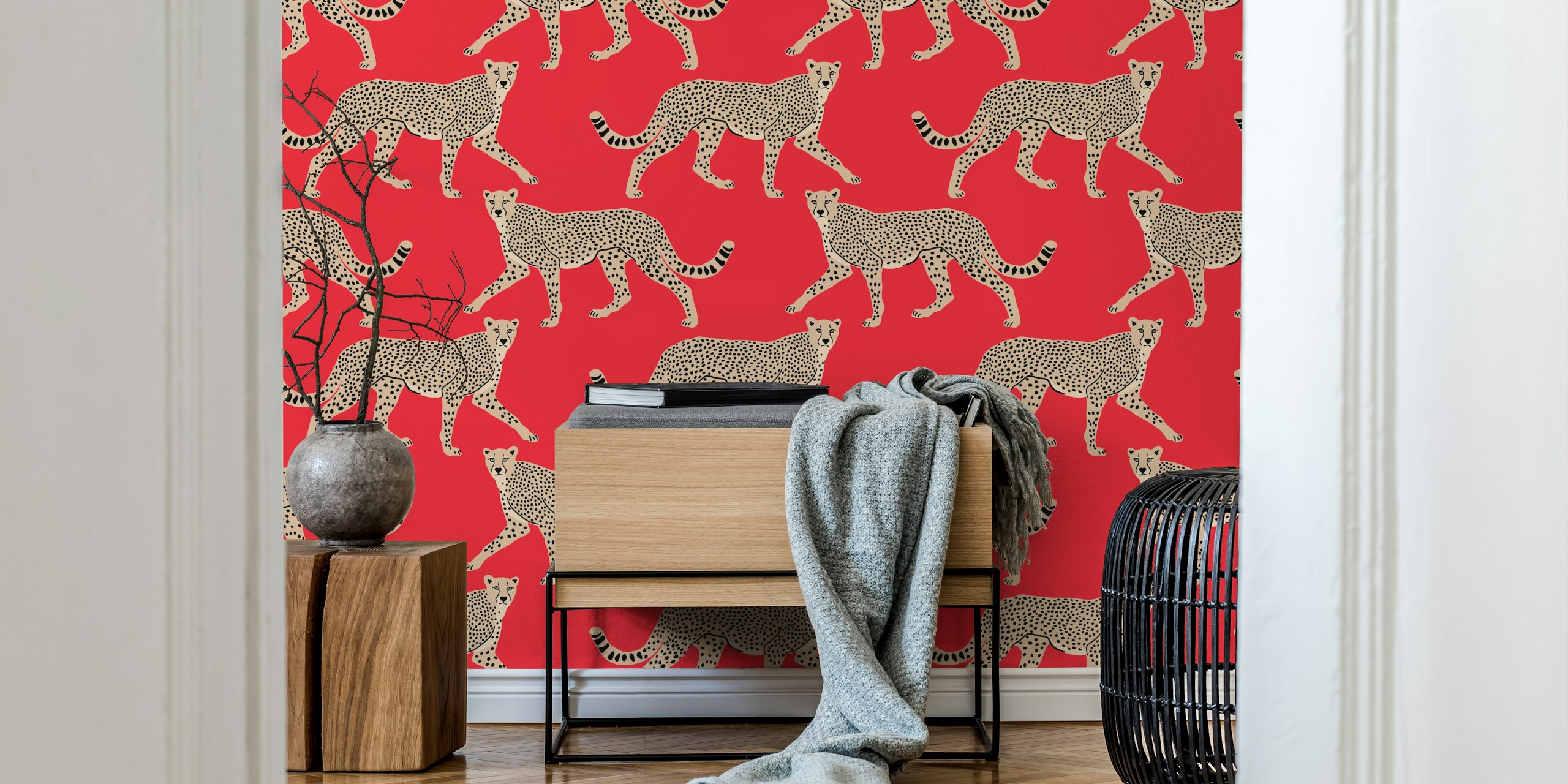 Cheetah illustrations on vibrant red background wallpaper