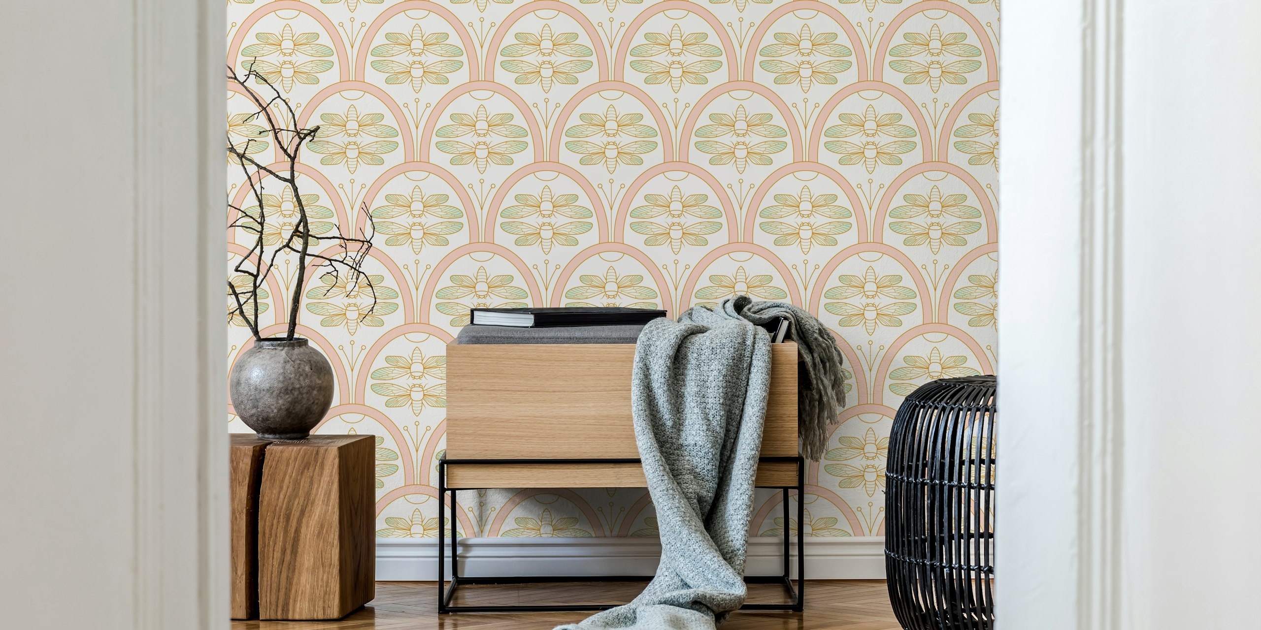 Cicada Damask wallpaper in blush pink e gold