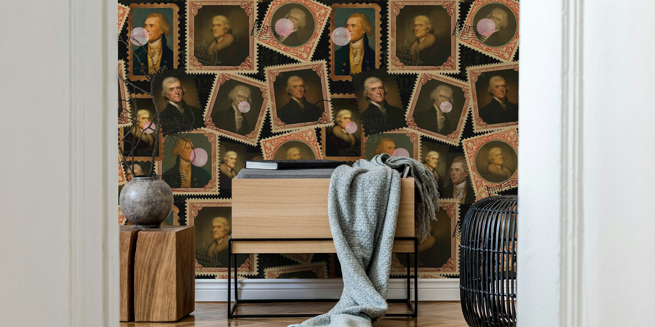 Vintage stamps with portraits of Thomas Jefferson in hues of beige and brown wallpaper
