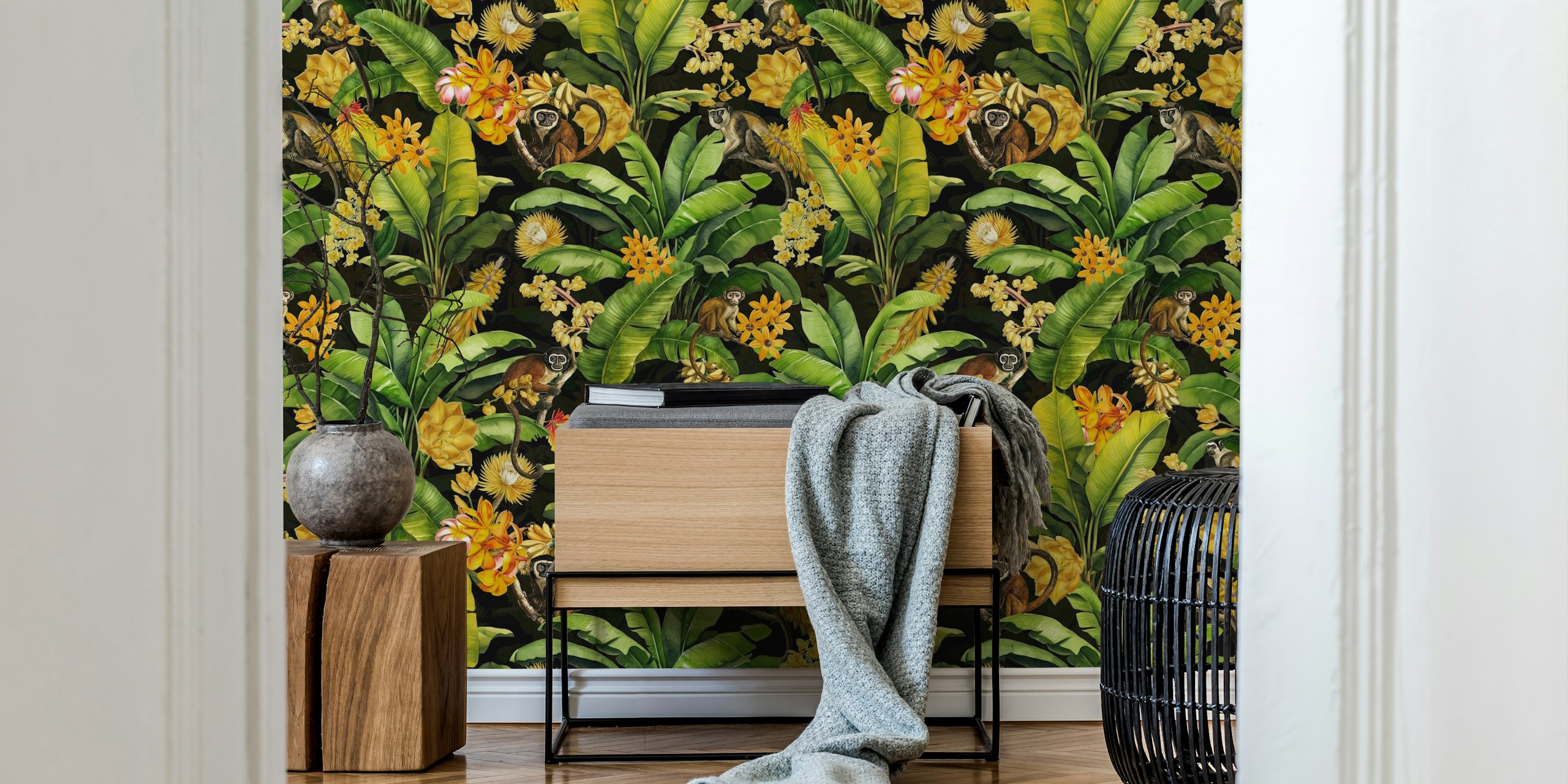 Vintage monkeys in tropical jungle wallpaper