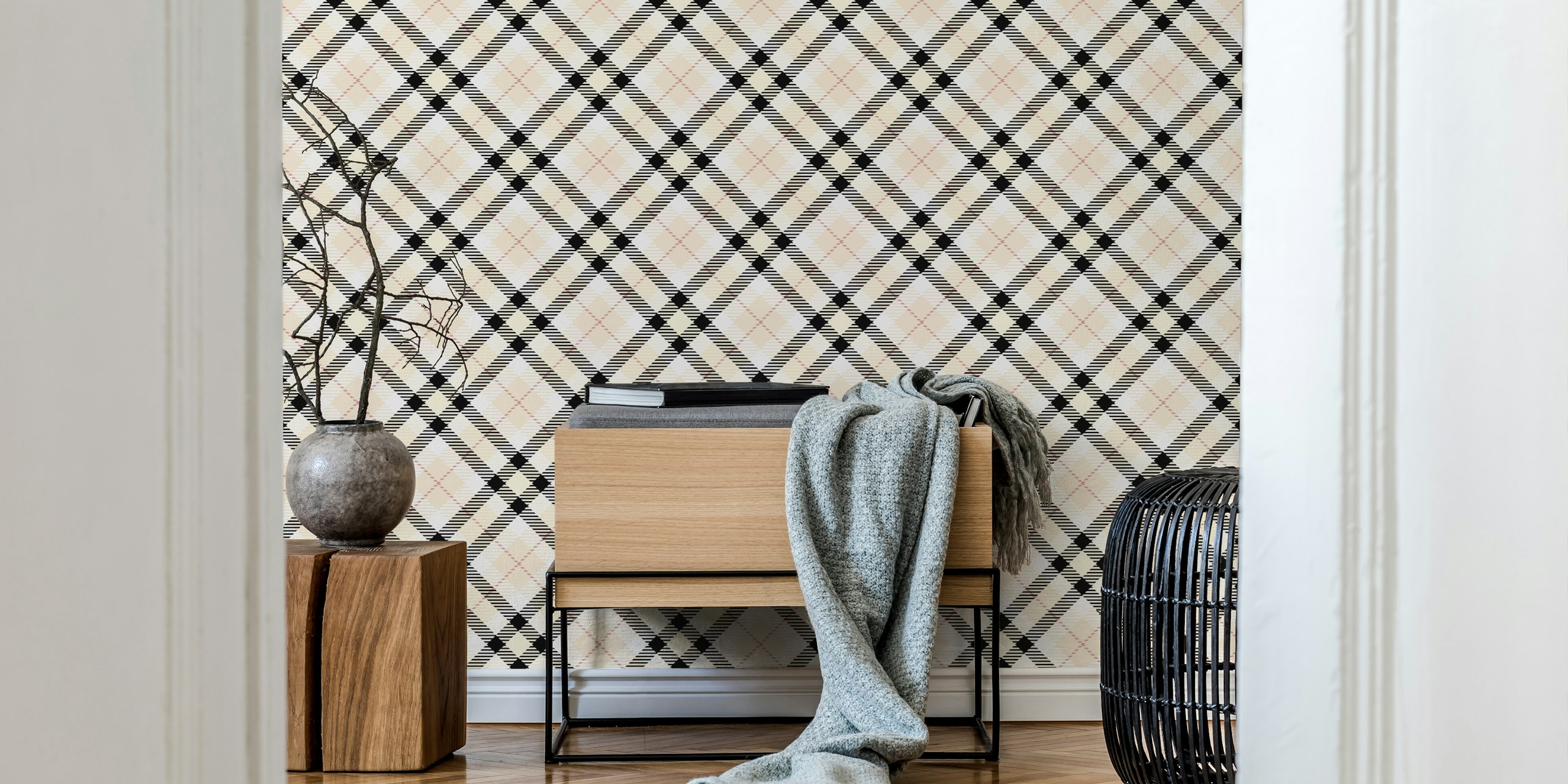 Papel de parede Tradicional Plaid Rustic Country Style Beige em um quarto