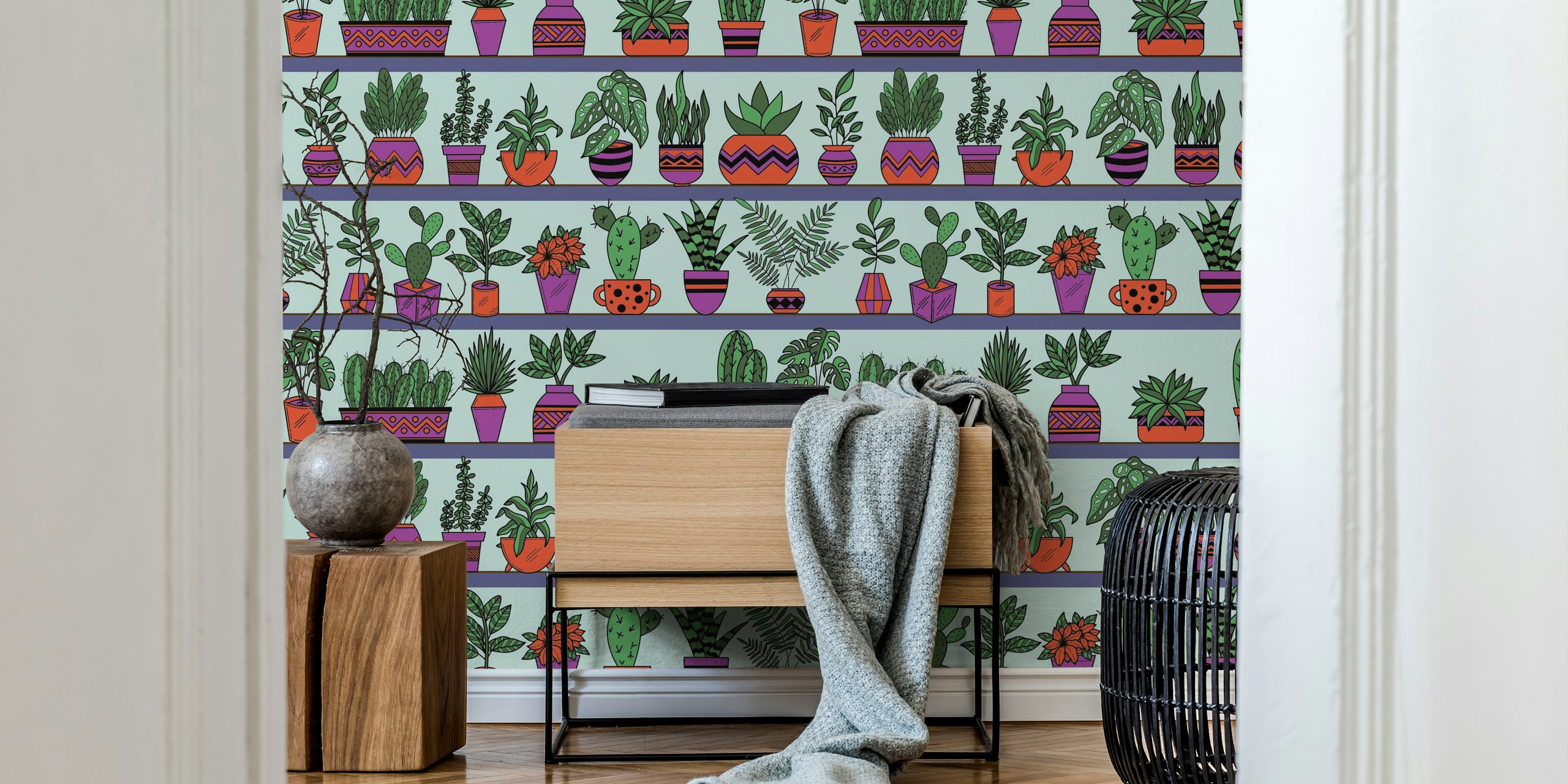 Kleurige wandbekleding met verschillende planten op planken met Vase Plants 3