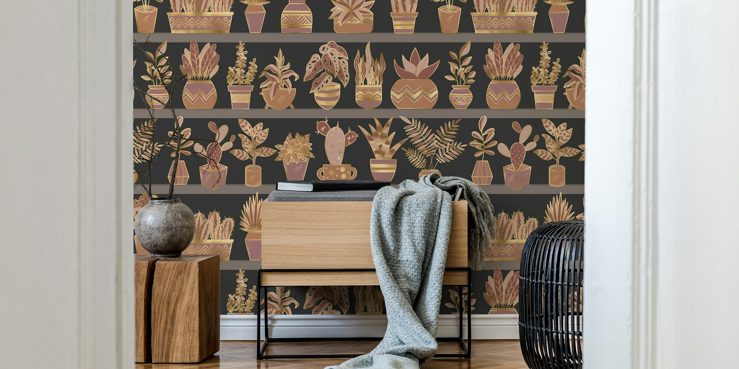 Shelves with various potted plants in earthy tones wallpaper