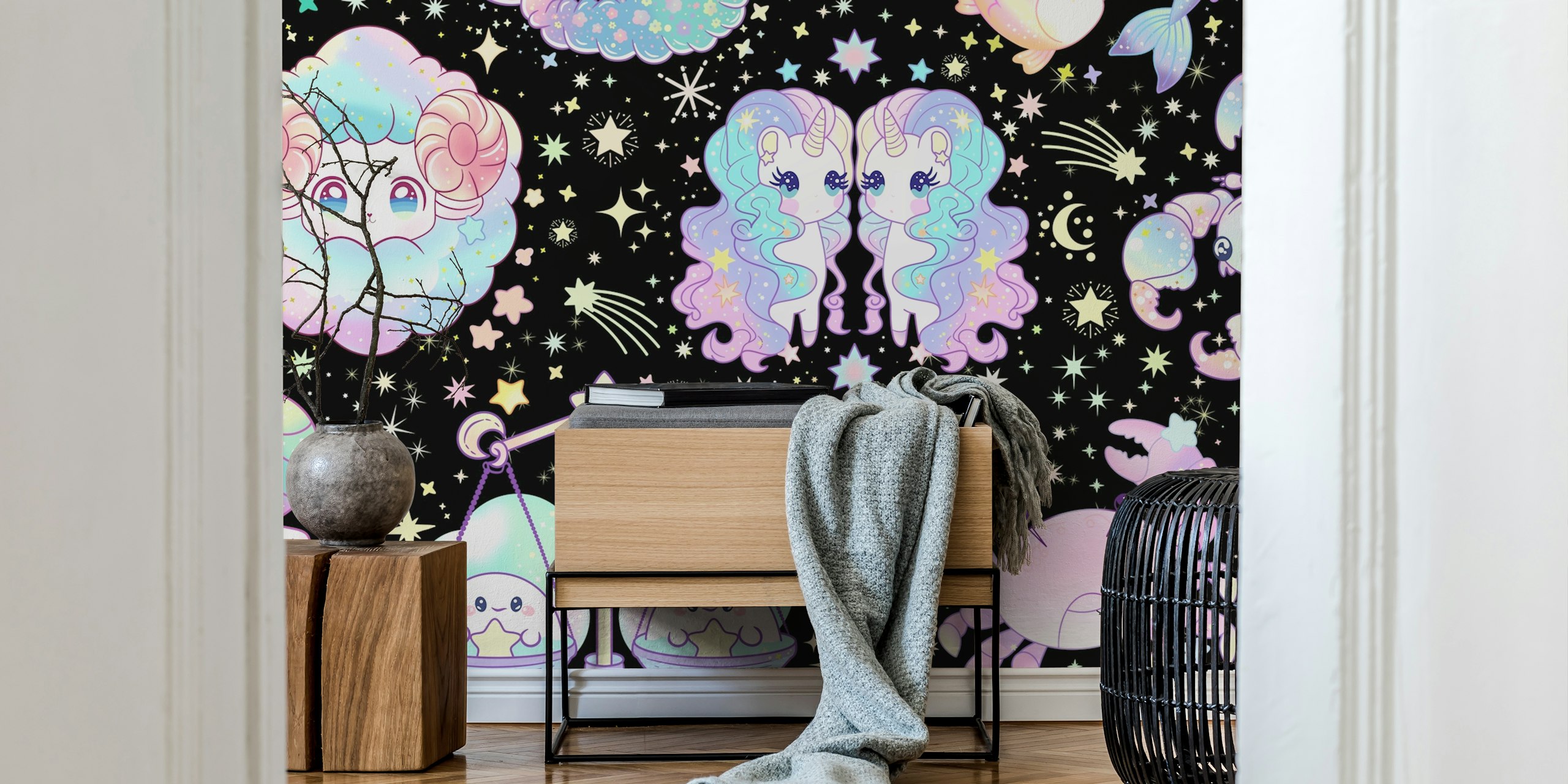 Kawaii zodiac characters and stars in pastel colors on black wallpaper