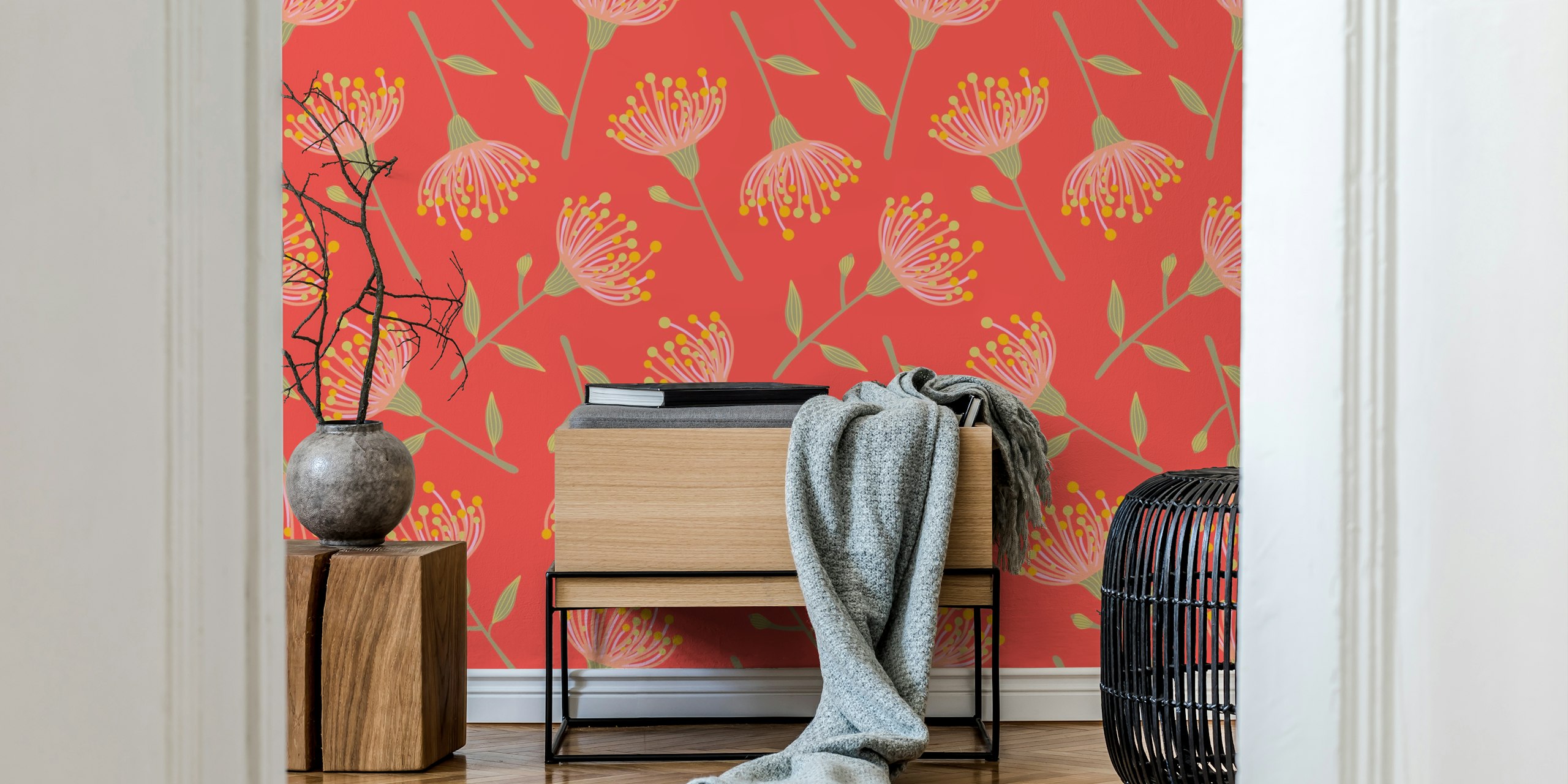 Eucalyptus tossed Floral behang in koraaloranje