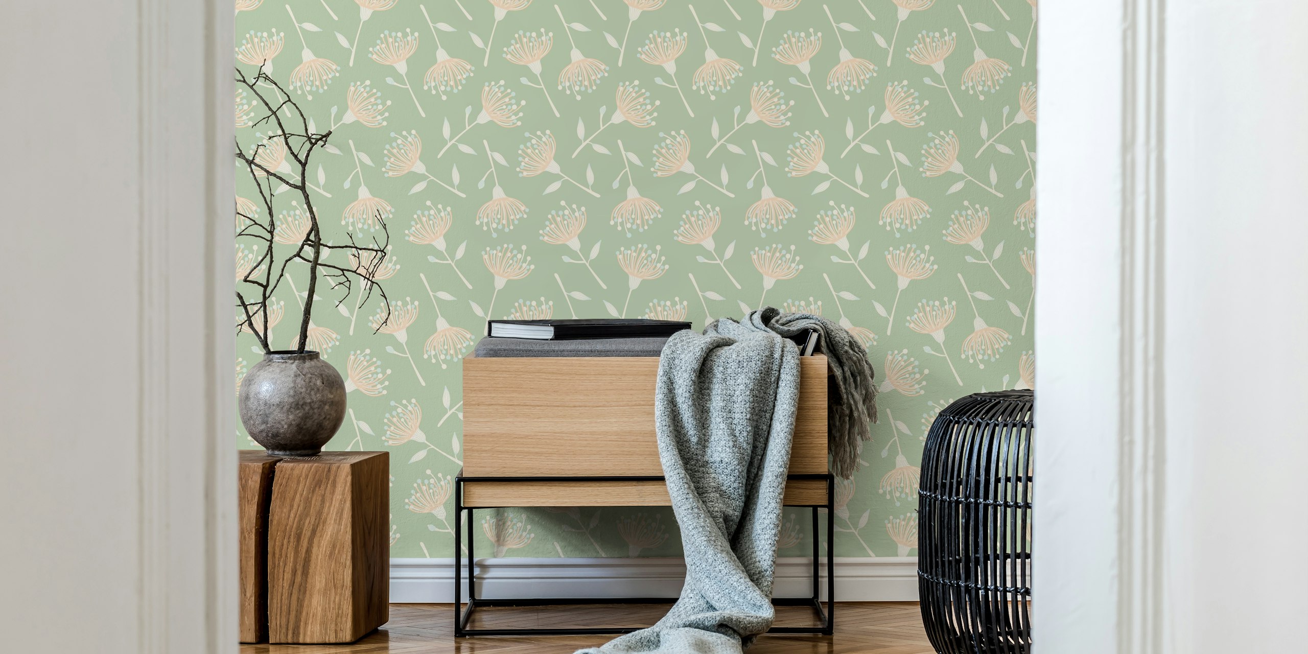 Eucalyptus floral pattern on sage green background wallpaper