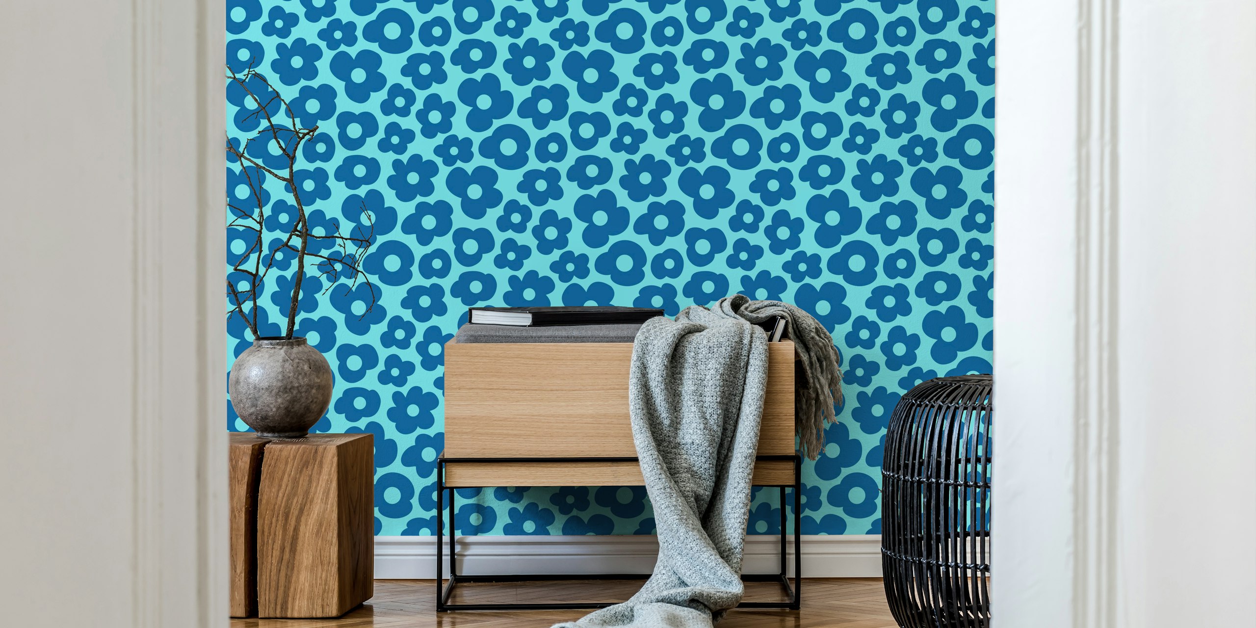 Blue hand-drawn flower wallpaper design